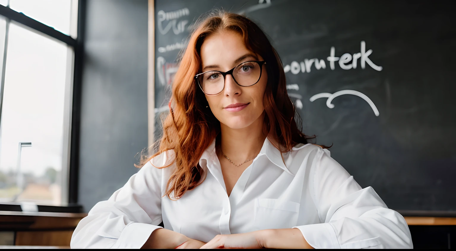 beautiful young woman with long red hair, ((confident expression)), ((wearing black feminine suit and white shirt)), not sexy, square-framed glasses, ((arms crossed)), ((looking at camera)) , very detailed, 40 years old, ((background a blackboard)), ((sitting at the teacher's desk)), natural wavy hair, light eyes, high resolution, masterpiece, best quality, intricate details, highly detailed, sharp focus, detailed skin, realistic skin texture, texture, detailed eyes, professional, 4k, charming smile, shot on Canon, 85mm, shallow depth of field, kodak vision color, perfect fit body, extremely detailed, photo_\( ultra \), photorealistic, realistic, post-processing, maximum detail, roughness, real life, ultra realistic, photorealism, photography, 8k uhd, photography