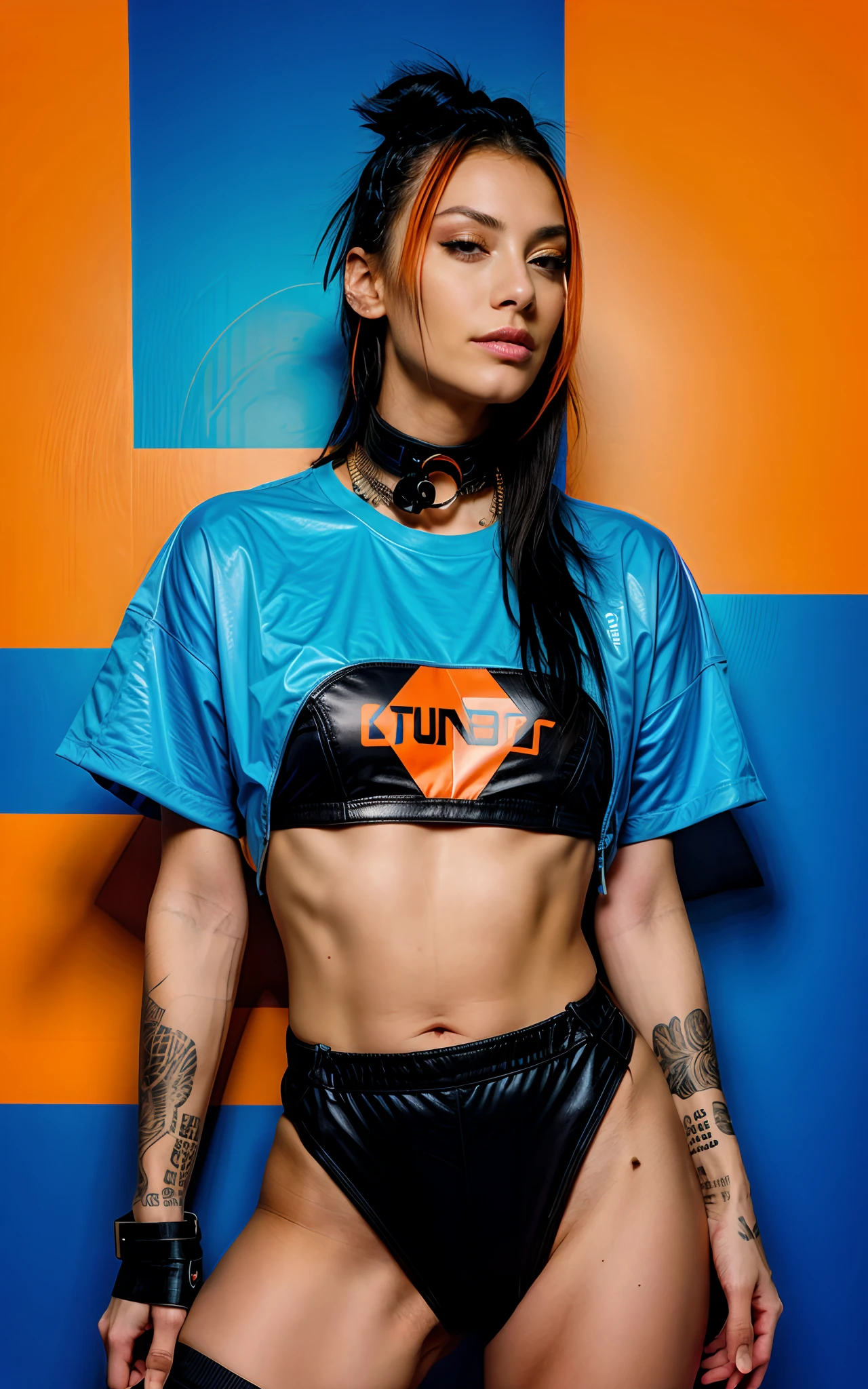 cyberpunk, women, streetwear, vector, orange, blue, simple background