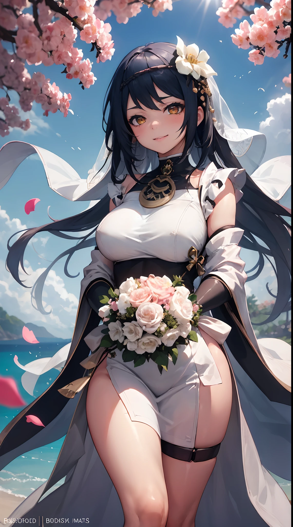 Kujou Sara | genshin impact, master-piece, bestquality, 1girls,25 years old, proportional body, proportional., Wedding Dresses, White Wedding Dress, Long skirt, wedding, ,bara, Standing in the middle of a flower garden, outdoor, wedding, The sky is beautiful, In a paradise of love and happiness..................................., The bride wears a Japanese dress and a seductive smile..................................., The passage of time stops at theirs..................................., On this wedding day of love and happiness..................................., Bright and beautiful flowers, Holding it in her hands symbolizes the envelopment of love..................................., Love and friendship through the transmission of flowers, In a paradise of love and happiness..................................., A bride in a yukata wearing a masika..................................., It is a form of beauty and elegance..................................., Show your spouse your heart.................................., In a paradise of love and happiness..................................., Kochikugisa is the tree of new beginnings..................................., And their love and affection................................, And suck a lot of love..................................., Flowers represent love and peace..................................., In a paradise of love and happiness..................................., View viewers from the front., Thigh strap, Head tilt, bored, 10, 10, HD, slight smile,