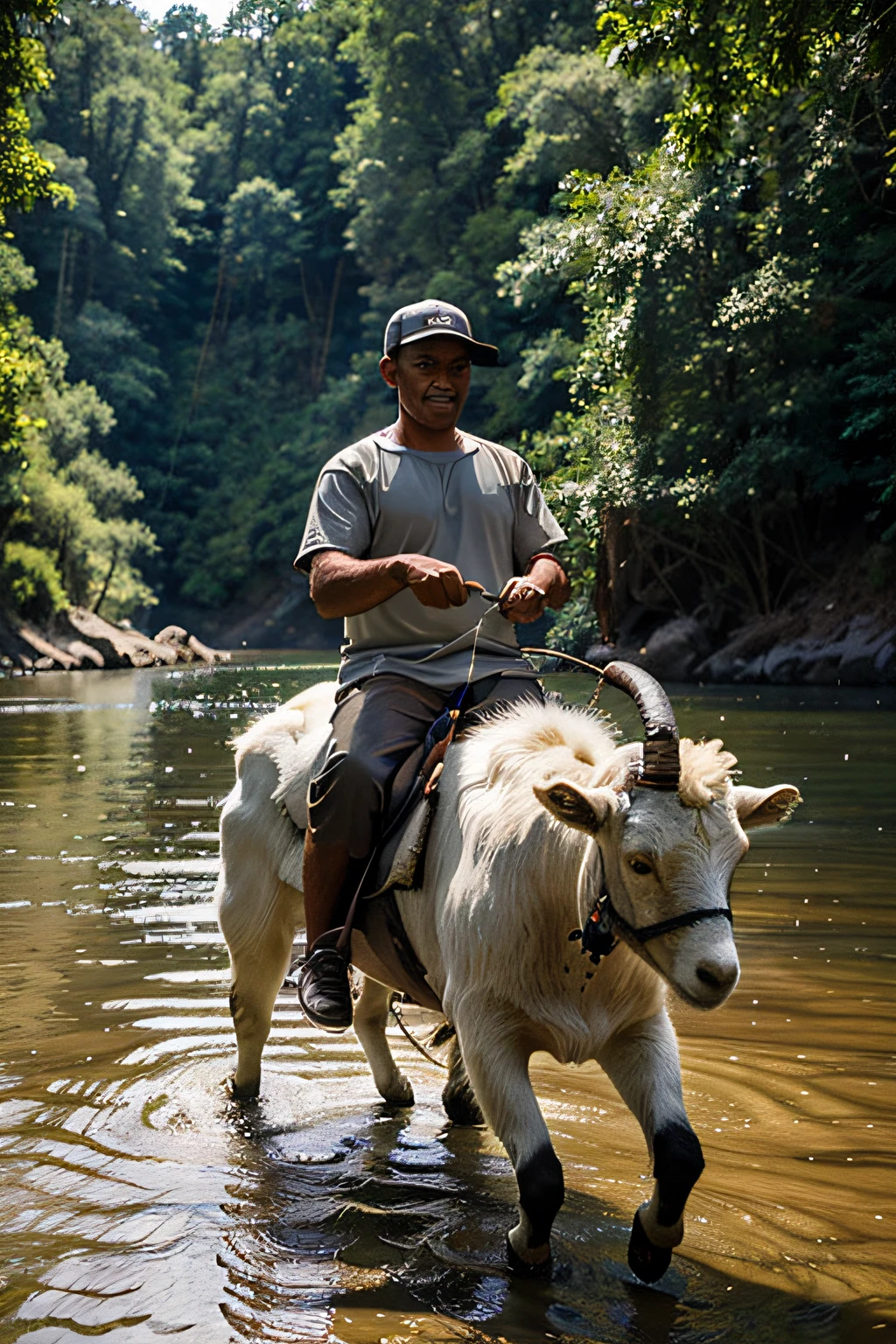 Man riding a goat, holding a fishing rod