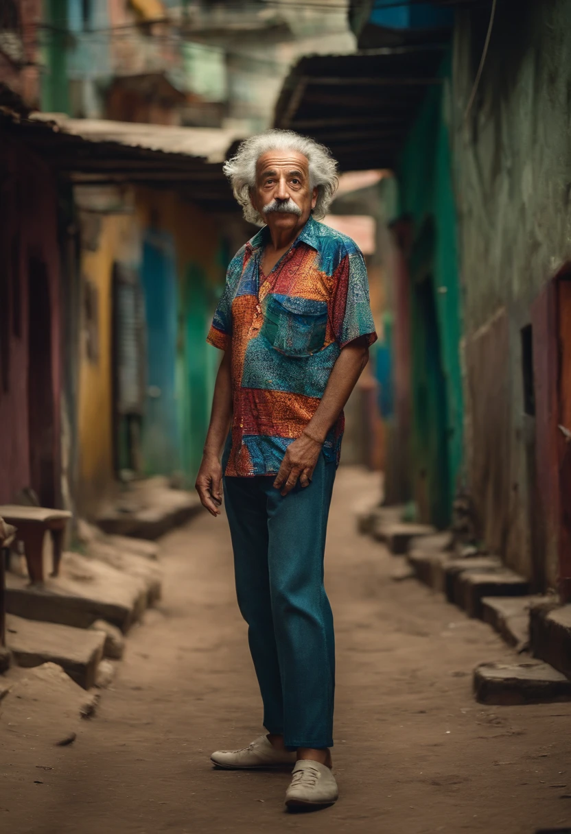 Albert Einstein vestindo um short jeans e uma camisa de futebol com uma favela de fundo