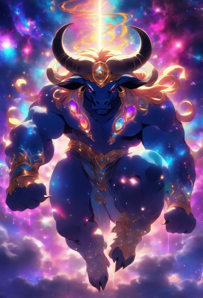 (((Cosmic Bull))) best quality, ultra-high resolution, 4K detailed CG, masterpiece,bull, Persian god, Persian mythology, aesthetic, Beautiful image, centered on screen, full body