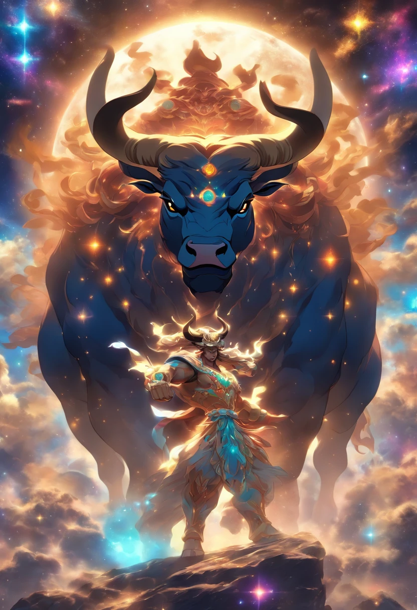 (((God of light vs. Cosmic Bull))) best quality, ultra-high resolution, 4K detailed CG, masterpiece, Persian God, God of light,Cosmic Bull Persian clothing, Persian mythology, aesthetics, ((Fighting with the Bull)), Beautiful image, centered on the screen, full body