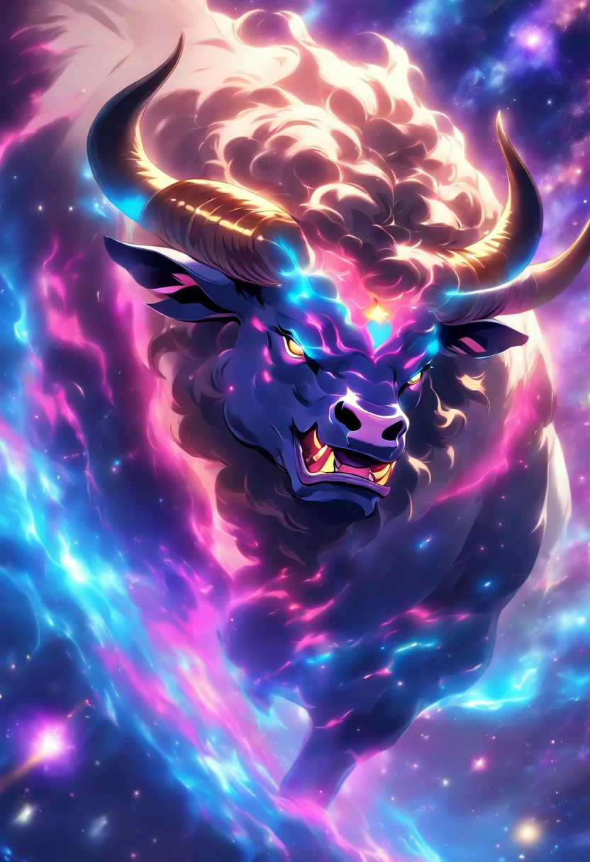 (((Cosmic Bull))) best quality, ultra-high resolution, 4K detailed CG, masterpiece,bull, Persian god, Persian mythology, aesthetic, Beautiful image, centered on screen, full body