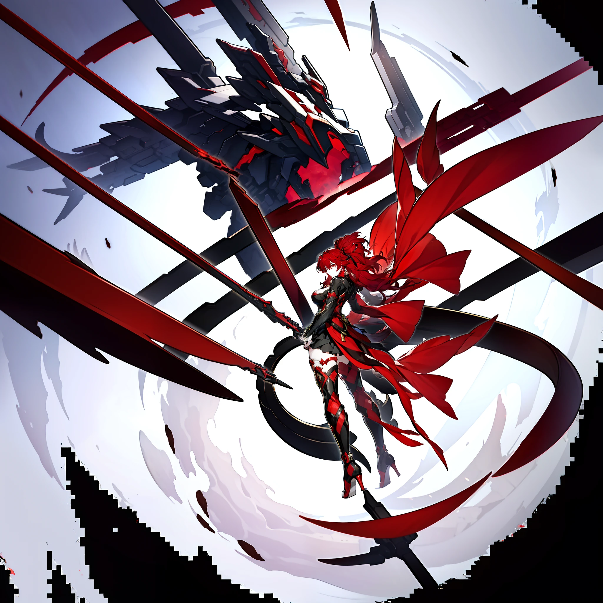Red and black body suit,woman,cleavage,red boots with high heels,black sleeves,red claw on her right hand,red hair with black hue,rex eyes with x pupils,tall,corrupt,very pale white skin,half body,detailed,ultra quality,masterpiece,corrupted,black pants,red heels,red dragon in the background