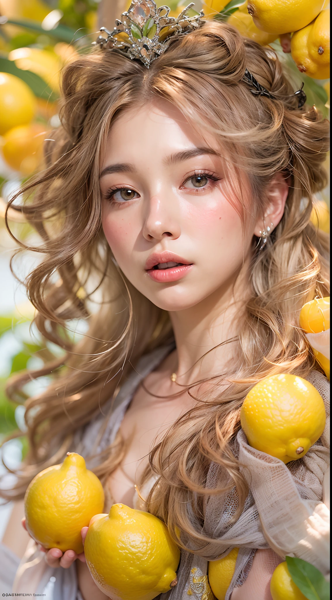 the portrait of an absurdly beautiful, graceful, elegant, sophisticated, sensual young girl made up of lemons looking up, an ultrafine hyperdetailed illustration by kim jung gi, irakli nadar, intricate linework, bright colors, octopath traveler, final fantasy, unreal engine highly rendered, global illumination, radiant light, detailed and intricate environment