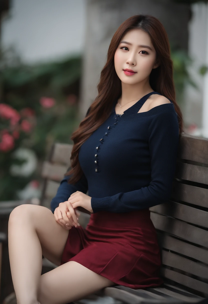 Real,photoshoot, Realistic, perspective, atmospheric scene, artwork, best quality, (detailed face, skin texture detail, ultra-detailed body:1.1),cinematic light, 1 girl, portrait photo by k4r3njm4nj1-smf , Alone, park, red hair, Realistic, Nature, benches, long hair, breasts, outdoors, day, red hair, sitting on a bench in park