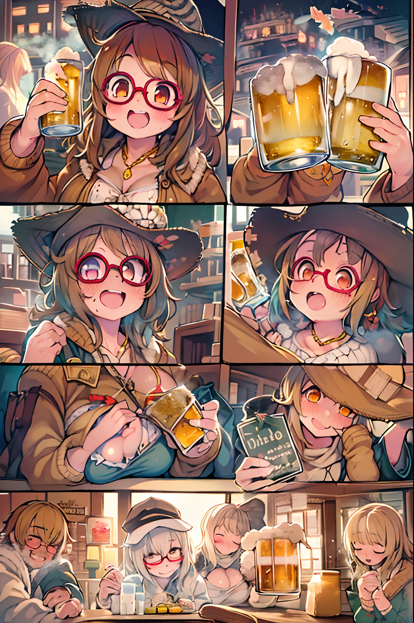 Two-dimensional girl、((From the top))、huge-breasted、big round glasses、bbw,Large Thigh、Two girls、lesbian、red blush、Izakaya、beer、Cheers、Onepiece、a child girl,Lori