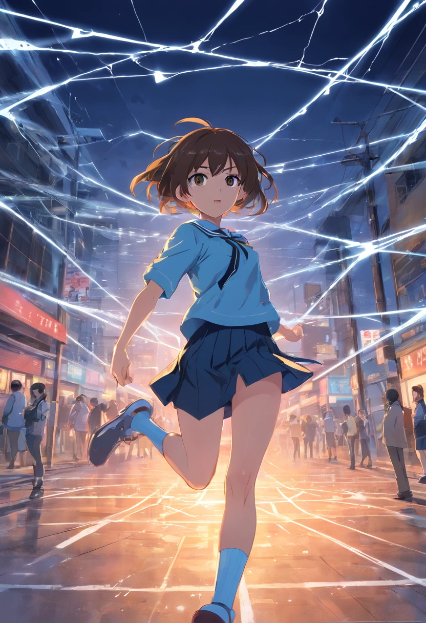 An anime-style girl character is bound in a place that looks like an arena. She is dressed in an outfit that resembles a school uniform with yellow and blue accents, wearing a black skirt, white knee-high socks, and white sneakers. Transparent and sturdy spider webs wrap around her, and intense electric shocks flow through the threads. A pale blue energy is being drawn from the girl's face and body, and this energy flows through the spider web towards a distant opponent. Despite her pain, the character's expression shows that she has lost her will to fight.