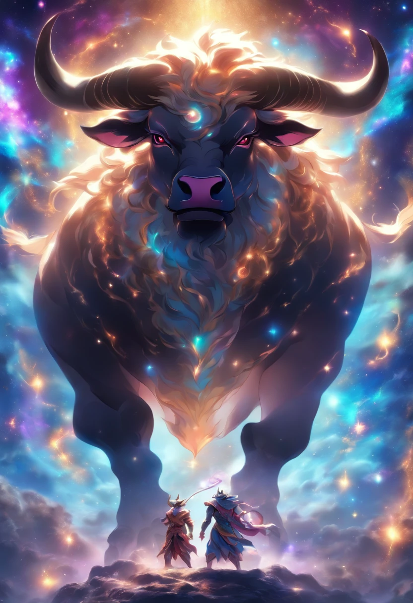 (((Cosmic Bull))) best quality, ultra-high resolution, 4K detailed CG, masterpiece, bull, Persian god, ox, Persian mythology, aesthetic, Beautiful image, centered on screen, full body