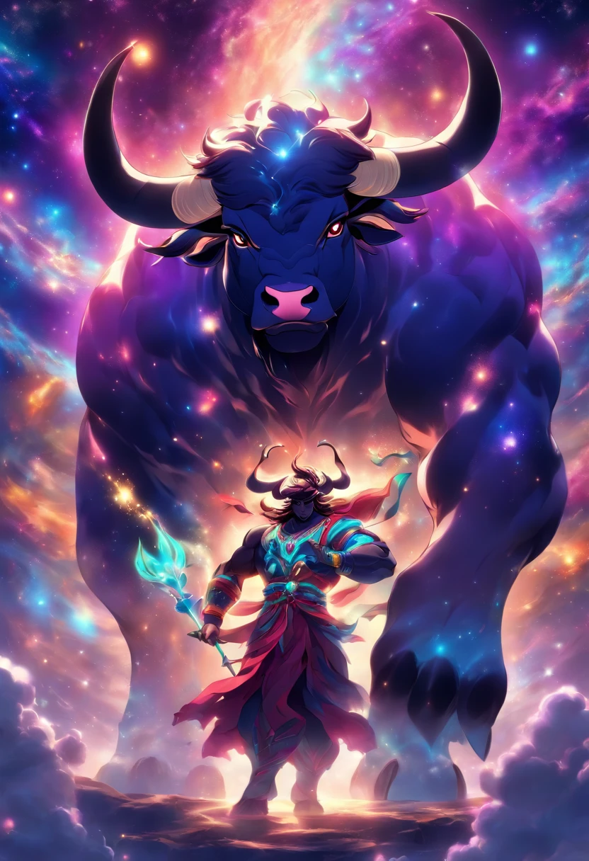 (((Cosmic Bull))) best quality, ultra-high resolution, 4K detailed CG, masterpiece, bull, Persian god, ox, Persian mythology, aesthetic, Beautiful image, centered on screen, full body