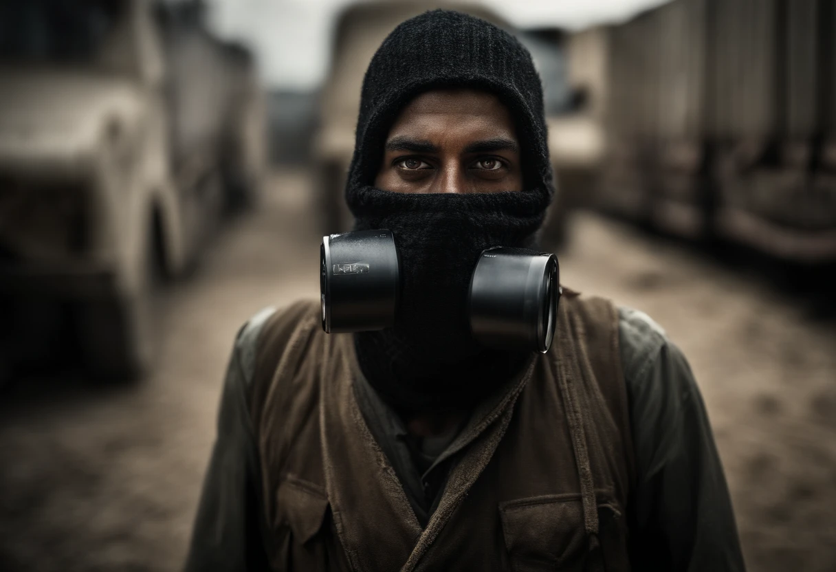 analog style, model photography style, RAW portrait of a palestine soldier covering his face with a black ski mask in his face and with a tank as background, best quality, epic (by photo by Lee Jeffries, sony a7, 50 mm , pores: 1.5, colors, hyperdetailed: 1.5, film grain: 1.4, hyperrealistic: 1.5), hyperrealistic texture, masterpiece, unreal engine 5, extremely detailed CG unit 4k wallpaper, realistic eyes, insanely detailed photo, no shadows, (Winner of Pulitzer Prize for Photography and Taylor Wessing Photographic Prize)