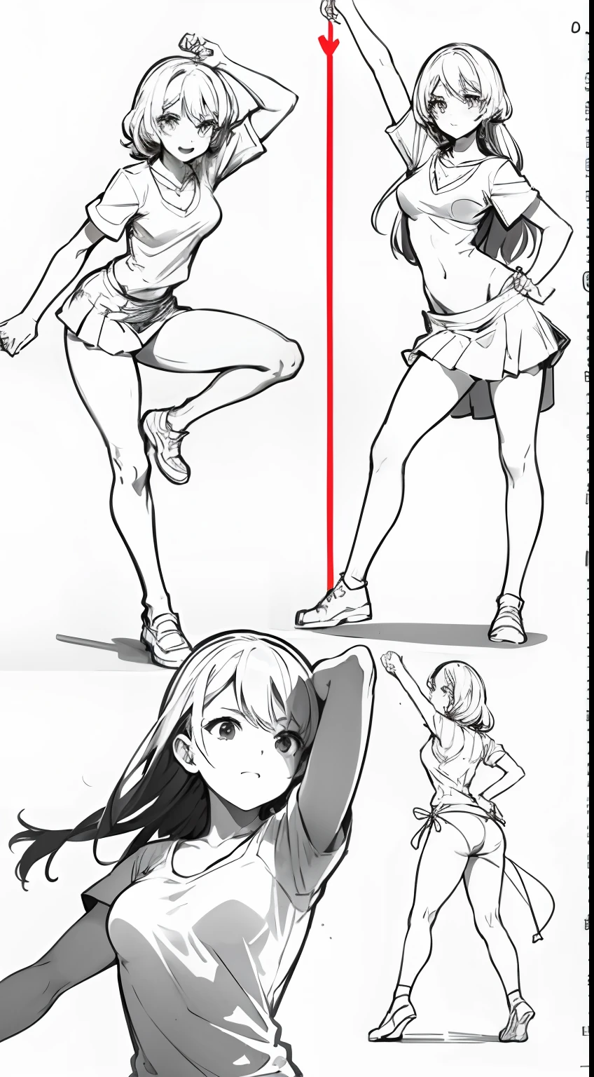 Sketch line diagram, girl standing in a dynamic pose, dancing, dynamic