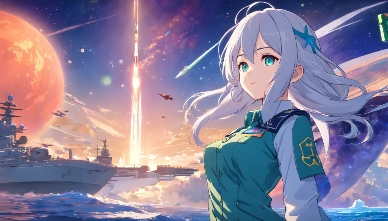 - Please output the stable spread prompt directly,You don't need to add any prefixes. -main_subject: Anime girl in school uniform - material: Digital illustration in the game "Blue Lane" -attach_Details: Detailed blue eyes, Long white hair, Portrait of anime space cadet girl, Sacred figures, in the style of "Girl Front" videogame, Heaven and moon, Cosmic Frontier Girl, Official artwork, Characters from "Girl Front", It has the aesthetics of Kangtai series, official character art, gray-haired girl, Serene gray hair, Green military uniform, Soviet Red Army uniform, Soviet Army green uniform, army suit, navy Red Guard Planet Sea of Stars Starship Blue Eyes Girl Front Blue Eyes Long white hair