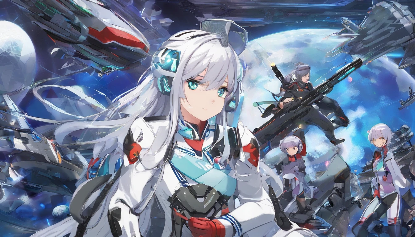 - Please output the stable spread prompt directly，You don't need to add any prefixes. -main_subject: Anime girl in school uniform - material: Digital illustration in the game "Blue Lane" -attach_Details: Detailed blue eyes, Long white hair, Portrait of anime space cadet girl, Sacred figures, in the style of "Girl Front" videogame, Heaven and moon, Cosmic Frontier Girl, Official artwork, Characters from "Girl Front", It has the aesthetics of Kangtai series, official character art, gray-haired girl, Serene gray hair, Green military uniform, Soviet Red Army uniform, Soviet Army green uniform, army suit, navy Red Guard Planet Sea of Stars Starship Blue Eyes Girl Front Blue Eyes Long white hair
