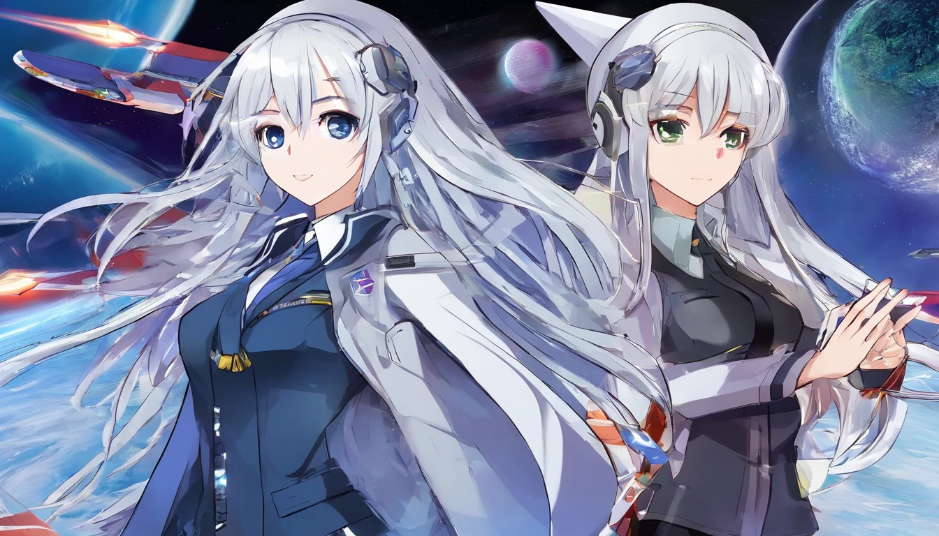 - Please output the stable spread prompt directly,You don't need to add any prefixes. -main_subject: Anime girl in school uniform - material: Digital illustration in the game "Blue Lane" -attach_Details: Detailed blue eyes, Long white hair, Portrait of anime space cadet girl, Sacred figures, in the style of "Girl Front" videogame, Heaven and moon, Cosmic Frontier Girl, Official artwork, Characters from "Girl Front", It has the aesthetics of Kangtai series, official character art, gray-haired girl, Serene gray hair, Green military uniform, Soviet Red Army uniform, Soviet Army green uniform, army suit, navy Red Guard Planet Sea of Stars Starship Blue Eyes Girl Front Blue Eyes Long white hair