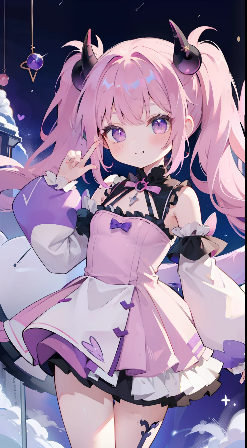 One girl、Pink Twin Tails、Purple eye、Small devil、Cosplay、Small horns、A silly smile