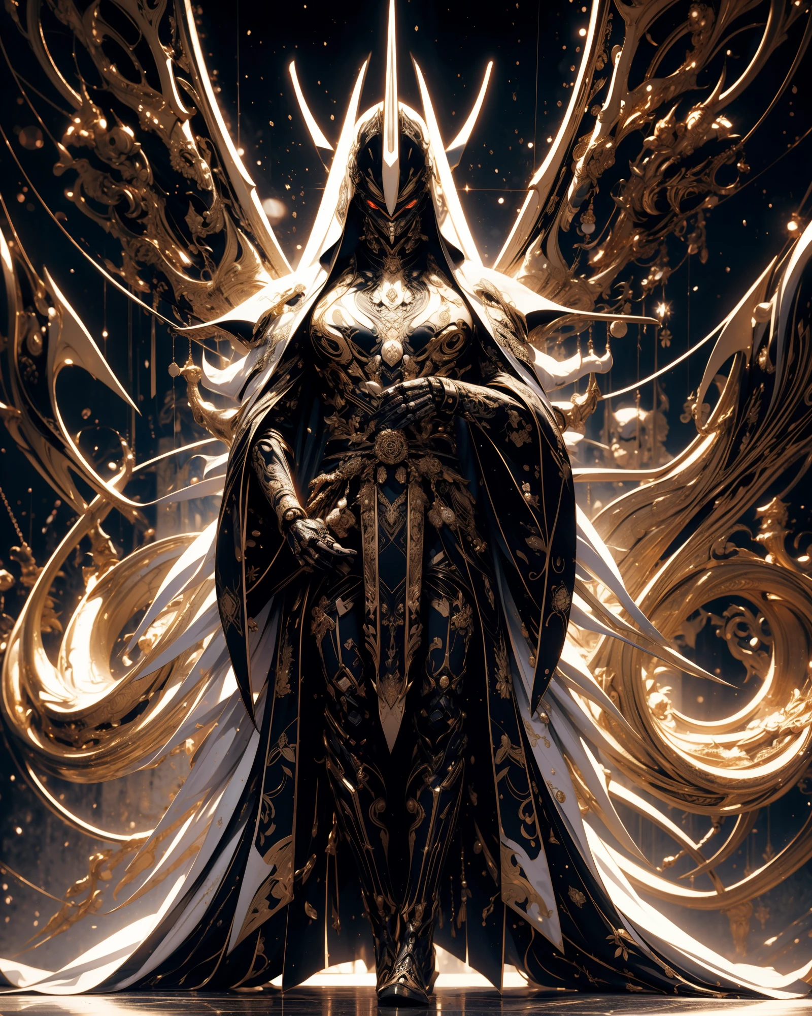 Full body, Robotic Samurai, (Wearing Futuristic Arabian Samurai Cloth Dress), (In style of White + Gold + Black), Best quality, Ultra-detailed, Realistic:1.37, HDR, UHD, Studio lighting, Professional, Vivid colors, Bokeh, Portraits, Sci-fi,Concept art, Colorful tones, Soft lighting.