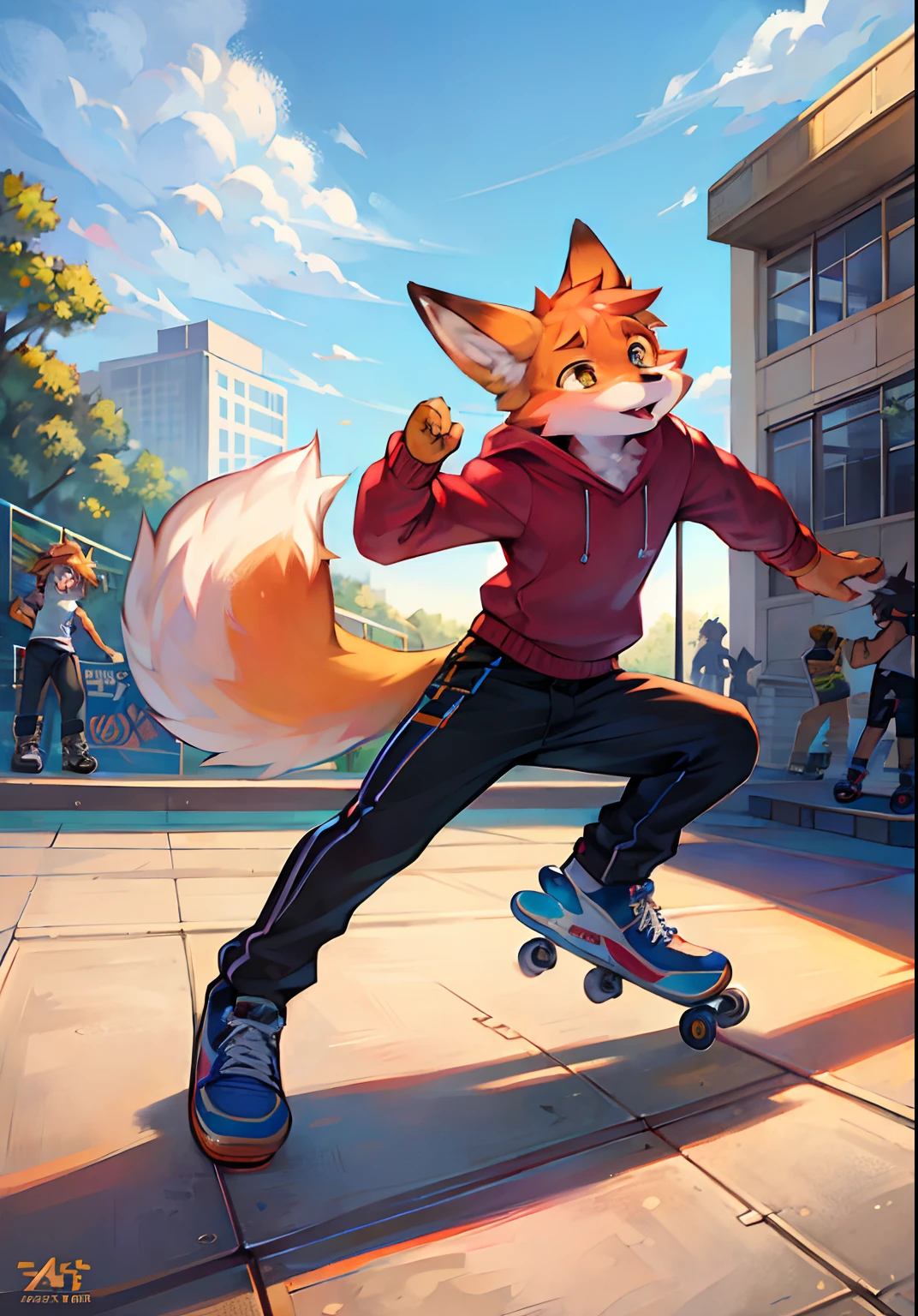 (best quality,4k,8k,highres,masterpiece:1.2),ultra-detailed,(realistic,photorealistic,photo-realistic:1.37),a fox skating in a skatepark,medium:illustration,brick walls,concrete ramps and rails,graffiti-tagged benches,cluttered with skateboard stickers,scattered skateboards lying on the ground,tag:urban,crowded skatepark with skateboarders of all ages,dynamic energy recreated through powerful strokes of the paintbrush,outdoors under the bright sunlight,vivid colors bringing the scene to life,impressive depth of field,shadows and highlights creating a three-dimensional effect, sharp focus capturing the intricate details of the fox's movements,tag:cartoonish style with realistic details,movement lines and exaggerated poses,tag:youthful and playful atmosphere,tag:upbeat and energetic background music playing in the park,lively and enthusiastic crowd cheering for the fox,tag:perfect fusion of the urban setting and the freedom of skating,rays of sunlight filtering through the skatepark, creating a warm and vibrant atmosphere,tag:expressive and dynamic brushstrokes highlighting the fox's agility and grace on the skateboard,tag:the fox's eyes shining with excitement and determination,tag:photorealistic rendering of the fur, capturing every strand and texture,tag:the oversized yellow hoodie billowing in the wind,tag:the black cargo pants slightly sagging to reveal the red boxer briefs,tag:the fox's tail flowing behind, adding to the sense of motion,tag:the graffiti-tagged benches showcasing vibrant and eye-catching artwork,tag:skateboarders performing tricks on the ramps and rails,tag:the scattered skateboards displaying a variety of colorful designs and stickers,tag:the fox exuding a cool and confident vibe as he effortlessly maneuvers on the skateboard,tag:the dynamic composition inviting the viewers to embrace the youthful spirit of adventure and creativity.