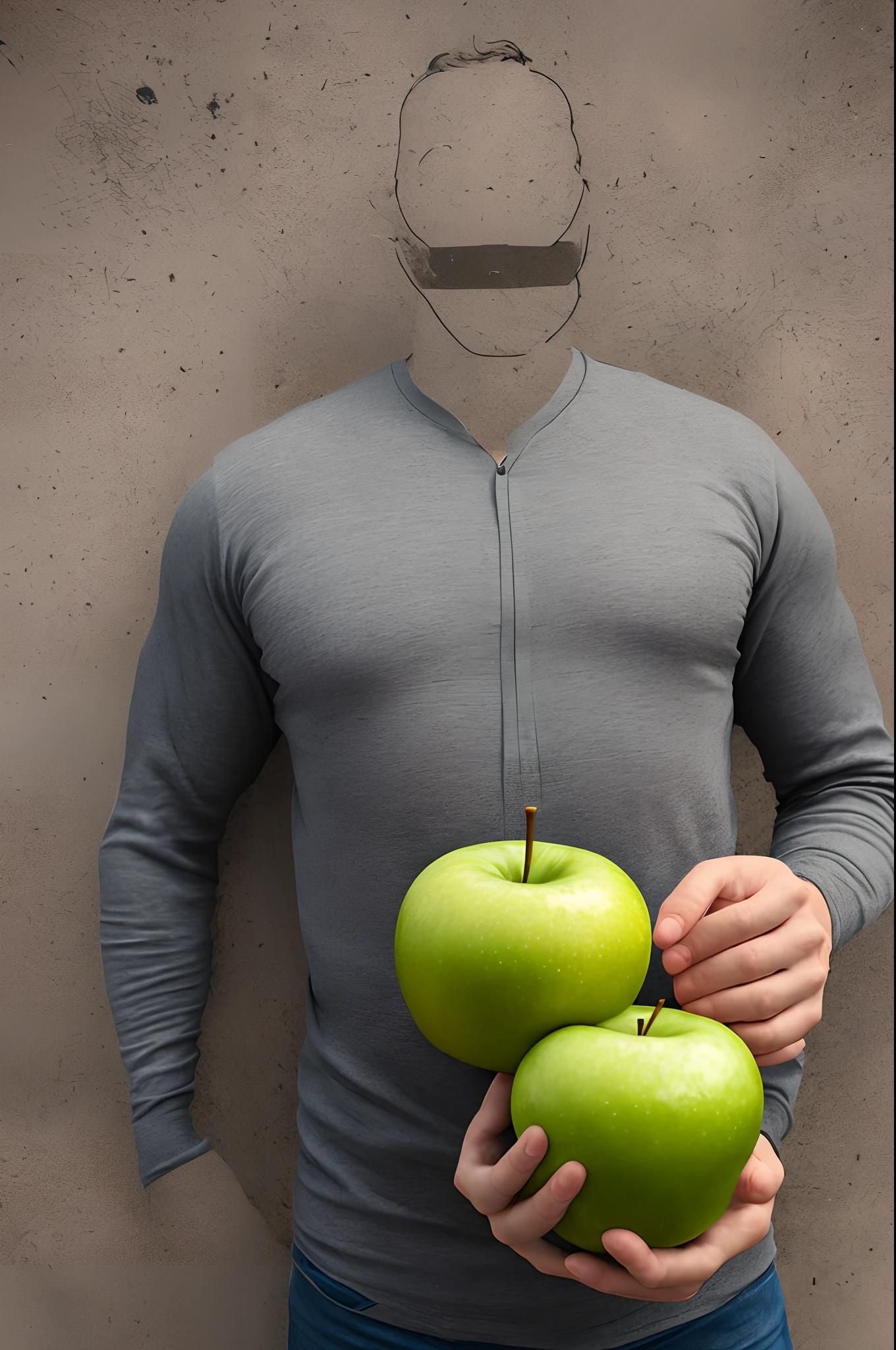Generate an image of a giant man with apples
