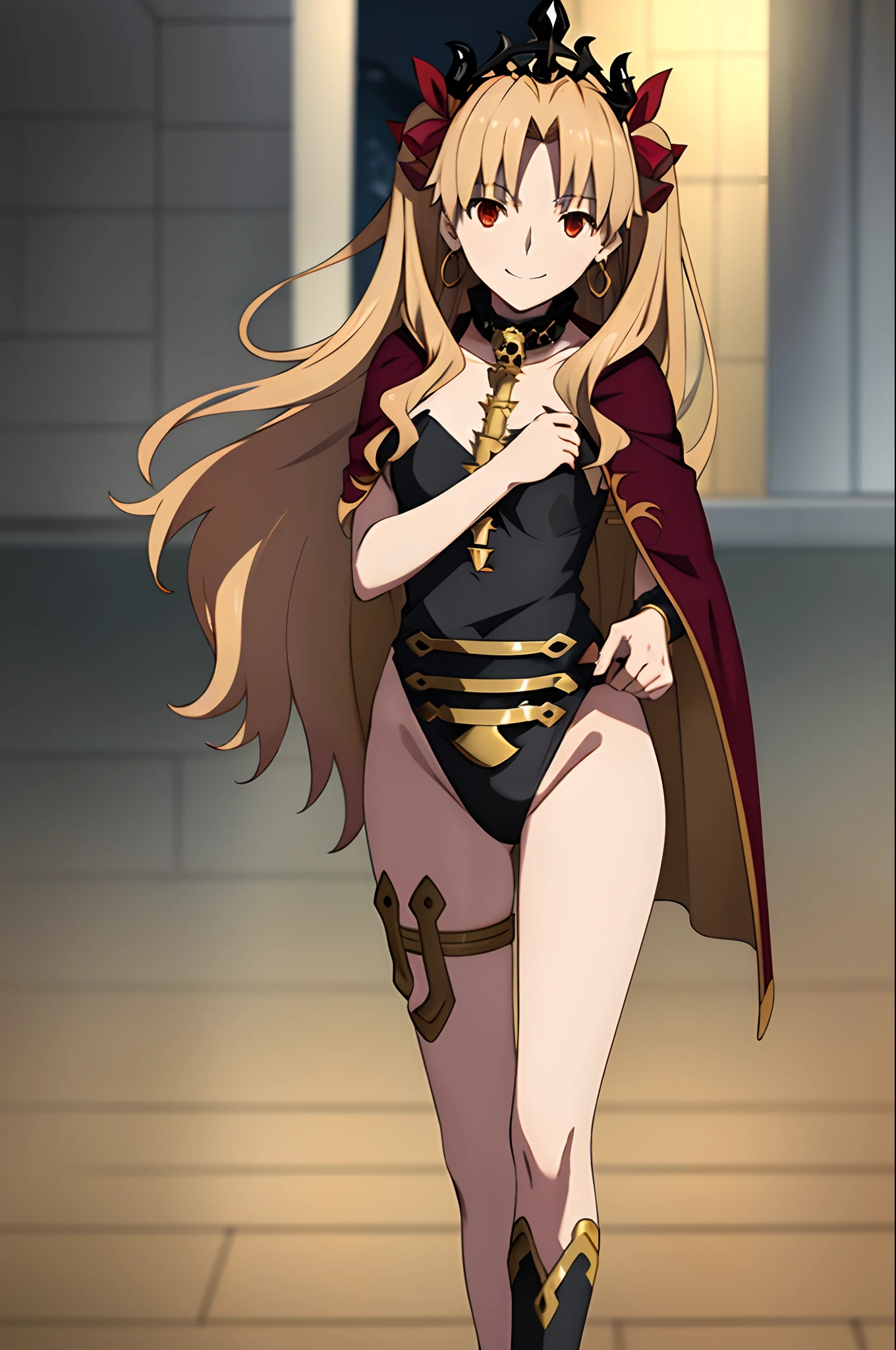 best quality, (masterpiece:1.2), detailed, blurry background,
ereshkigal,
1girl, solo, closed mouth, light smile,
blonde hair, red eyes, two side up, red ribbon, tiara, earrings,
black leotard, skull, gold trim, red cape, collar, single thighhigh, asymmetrical legwear,
standing, looking at the viewer,
cave, stone, night,