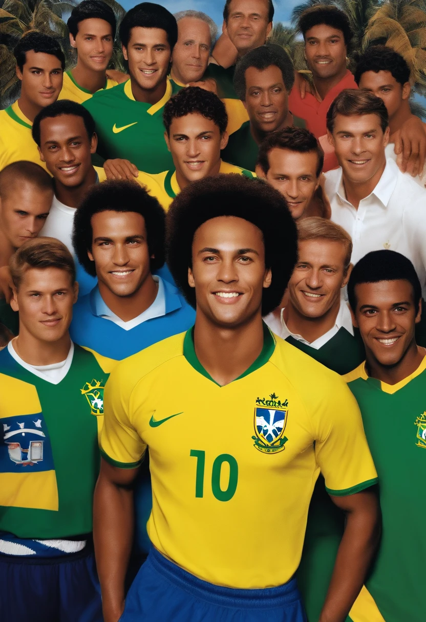 uma foto com neymar, ronaldo fenomeno, ronaldinho gaucho, Pelé, zico e romario, All wearing the shirt of the Brazilian national team