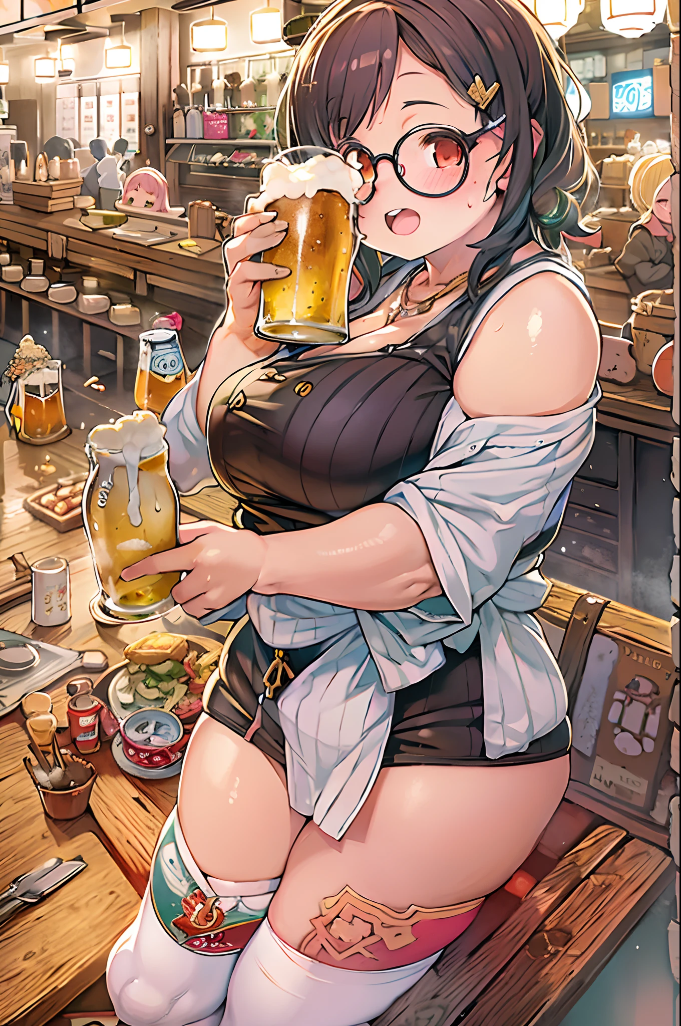 Two-dimensional girl、((From the top))、huge-breasted、big round glasses、bbw,Large Thigh、Two girls、lesbian、red blush、Izakaya、beer