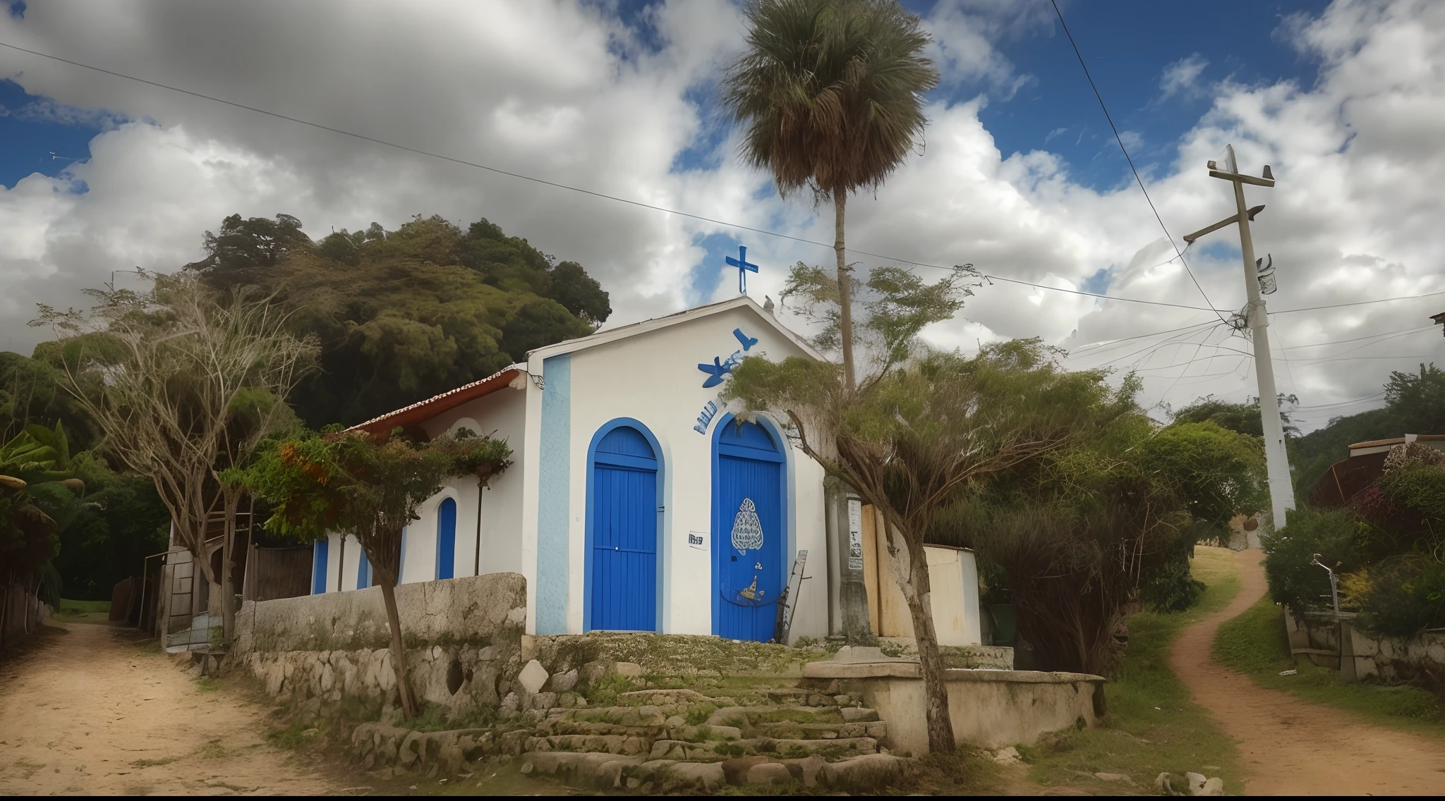 There is a small church with a blue door and a cross in front, vista externa, Vista frontal, bispo do rosario, visto de fora, vista de lado, vista exterior, Frente, igreja, vista do lado, Front view, vista lateral frontal, vista frontal, imagem central, imagem limpa, templo, visto de lado, imagem profunda