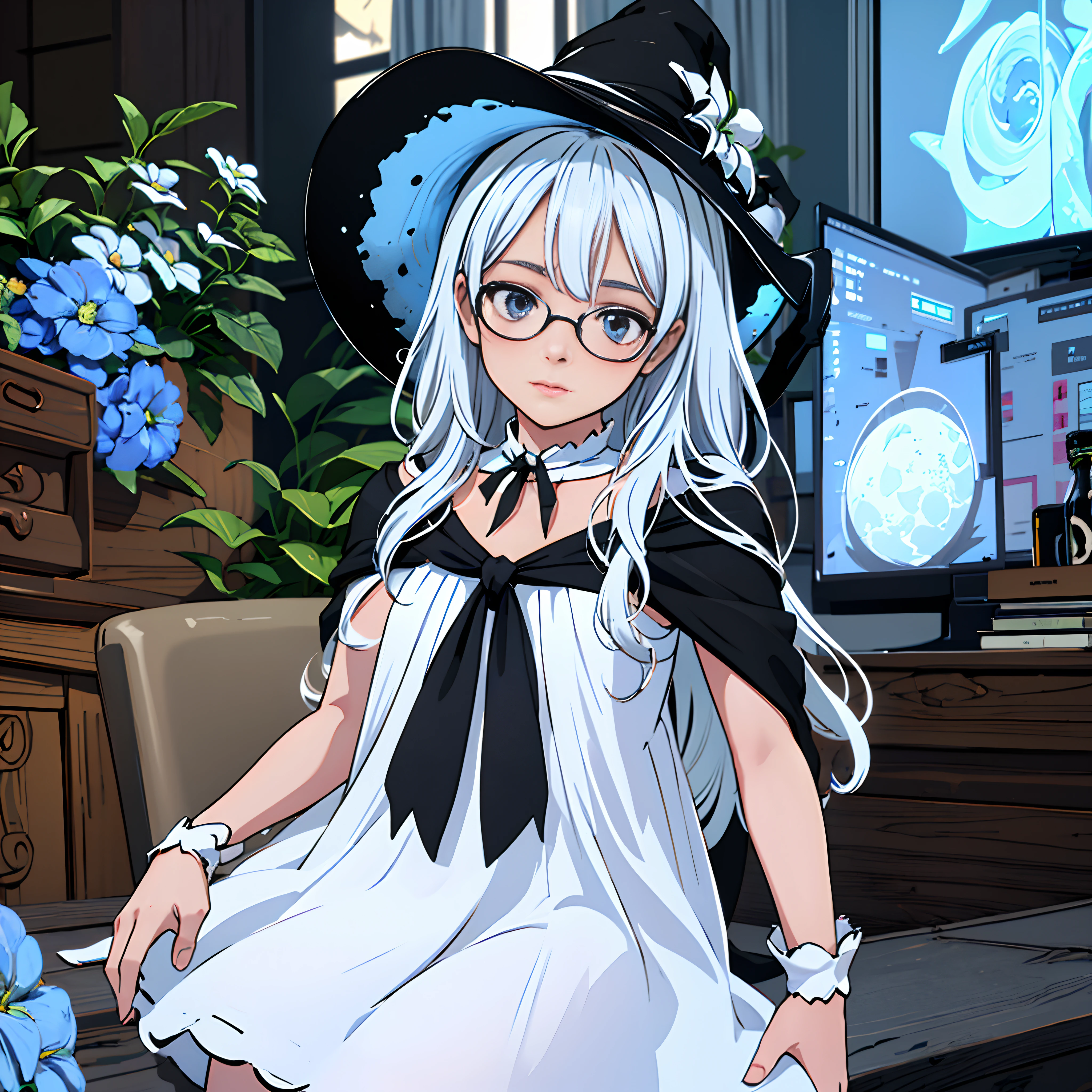 ((Best quality)), ((Masterpiece)), ((Ultra-detailed)), (illustration), (Detailed light), (An extremely delicate and beautiful),A charming young girl,Black glasses,White panty hose,White color hair,Magic Hat,(Black shawl)