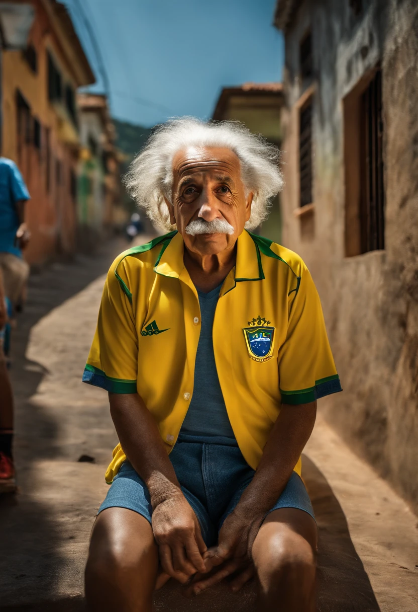 Albert Einstein wearing a pair of denim shorts and a Brazil national team jersey, com uma favela de fundo