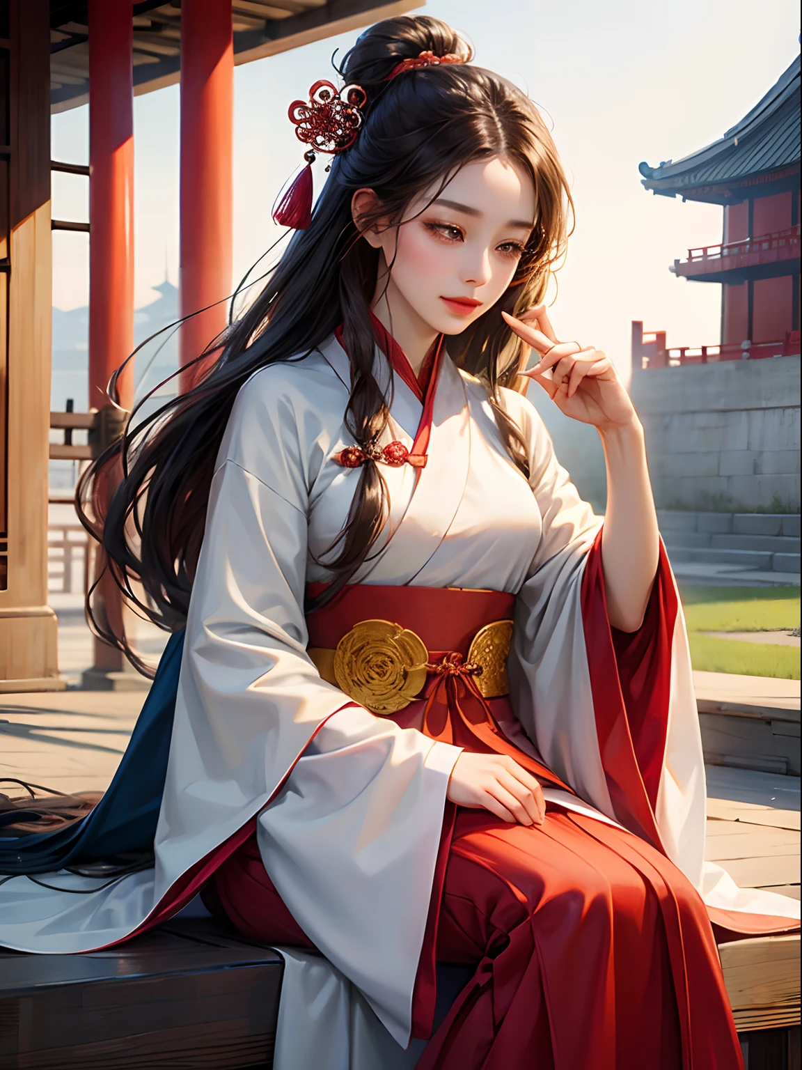 Arafed asian woman in a red and white dress sitting on a bench - SeaArt AI