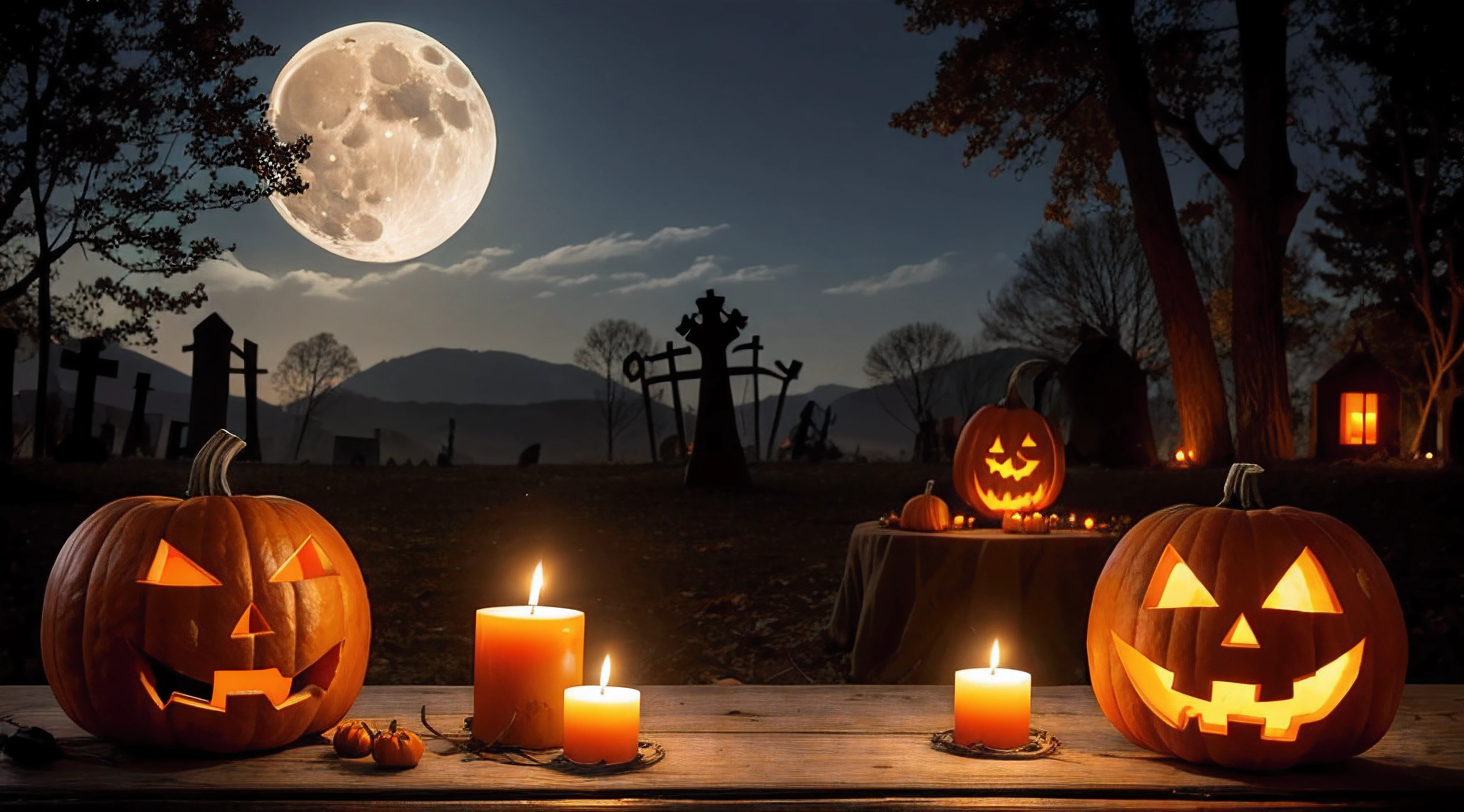 Halloween pumpkin head jack lantern with burning candles, Spooky Forest with a full moon and wooden table, Pumpkins In Graveyard In The Spooky Night - Halloween Backdrop