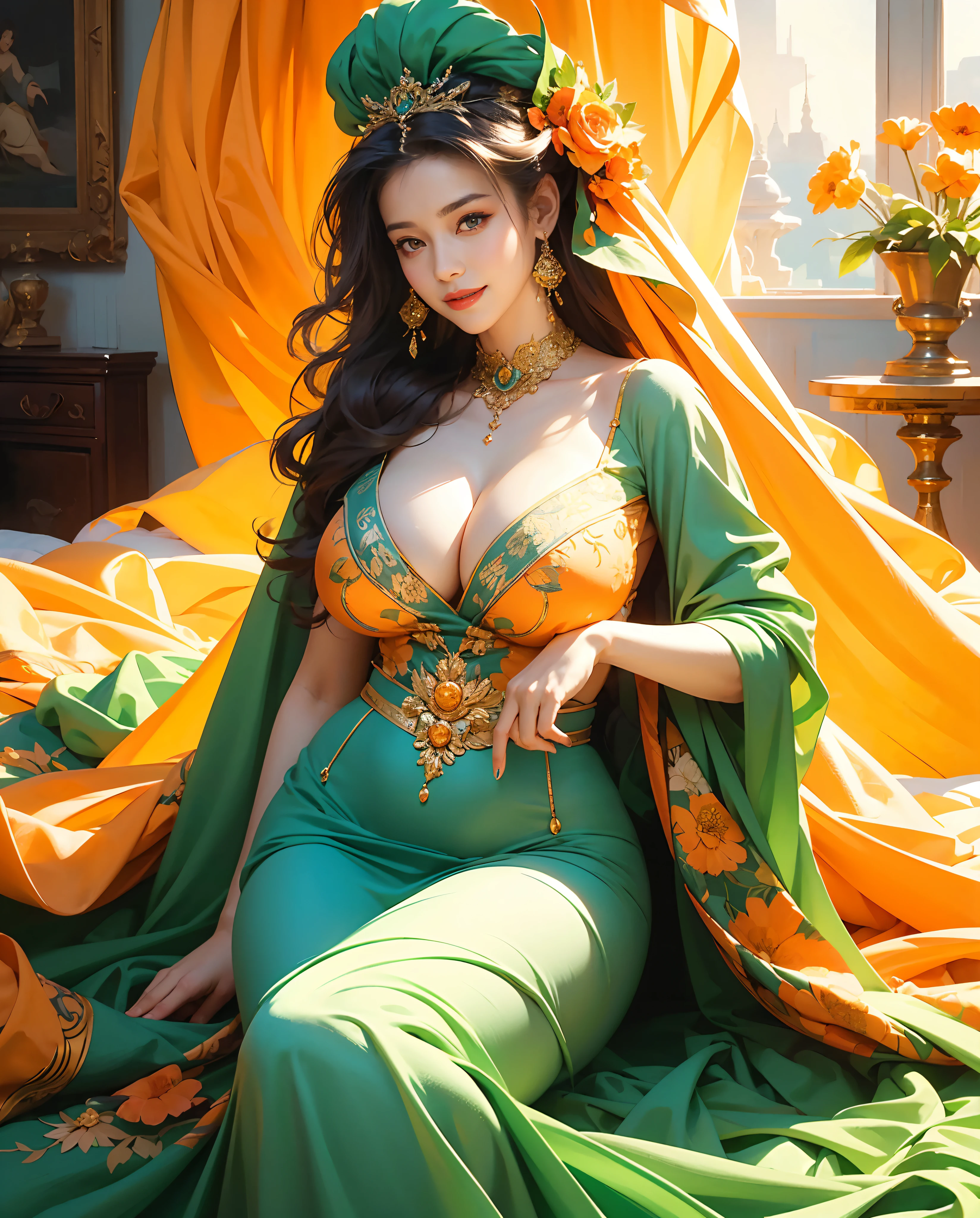 Best quality, masterpiece, meticulous detail, photorealistic, 1 girl, full body, a hot beautiful lady in the heavenly paradise, big breast, big hips, long leg, teal and orange theme, sexy, smiling
