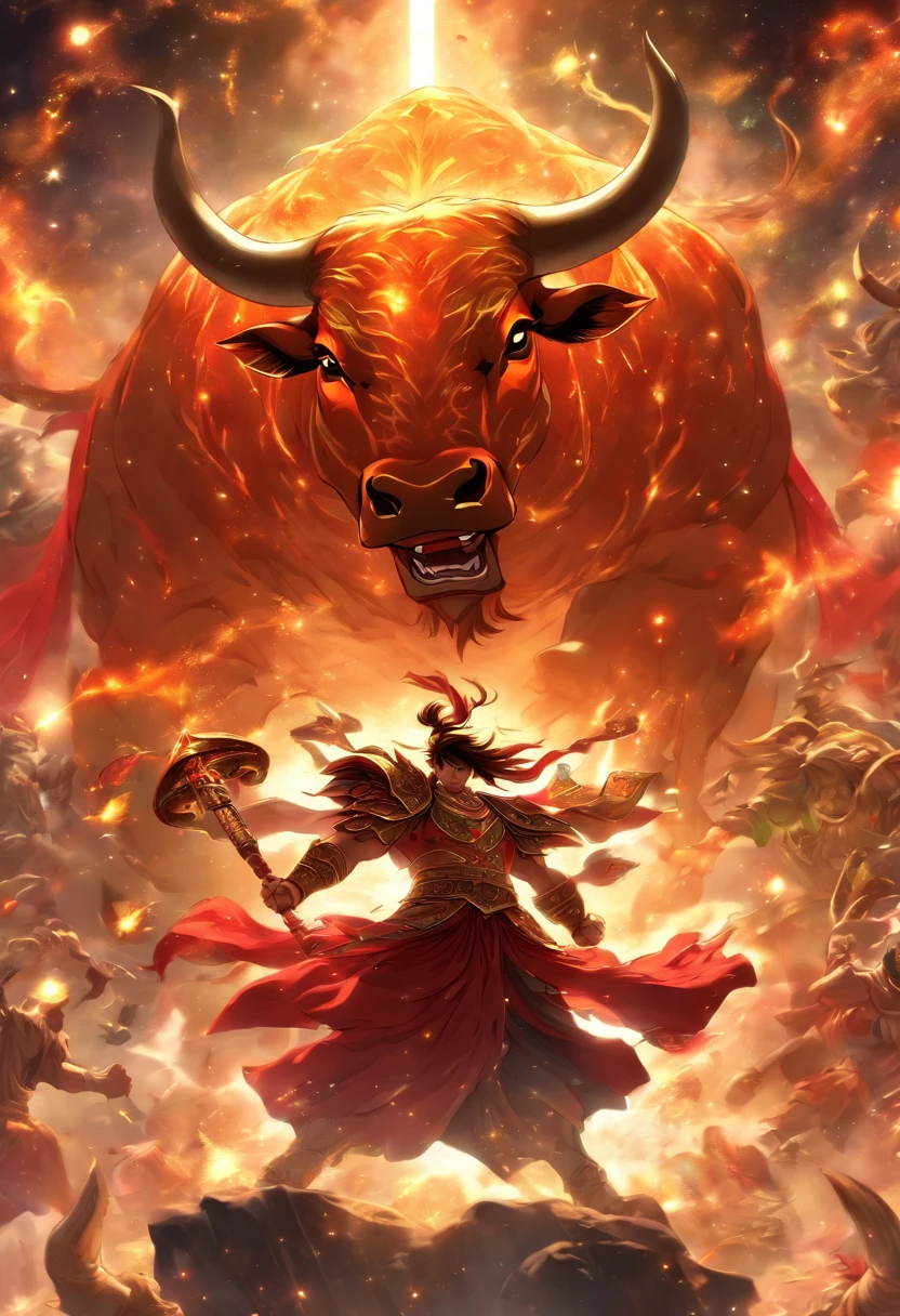 (((MITHRA fighting with Cosmic Bull))) best quality, ultra-high resolution, 4K detailed CG, masterpiece, Persian God, God of light,Bull God,Cosmic Bull Persian clothes, Persian mythology, aesthetics, (( Fighting the Bull)), Beautiful image, centered on the screen, full body