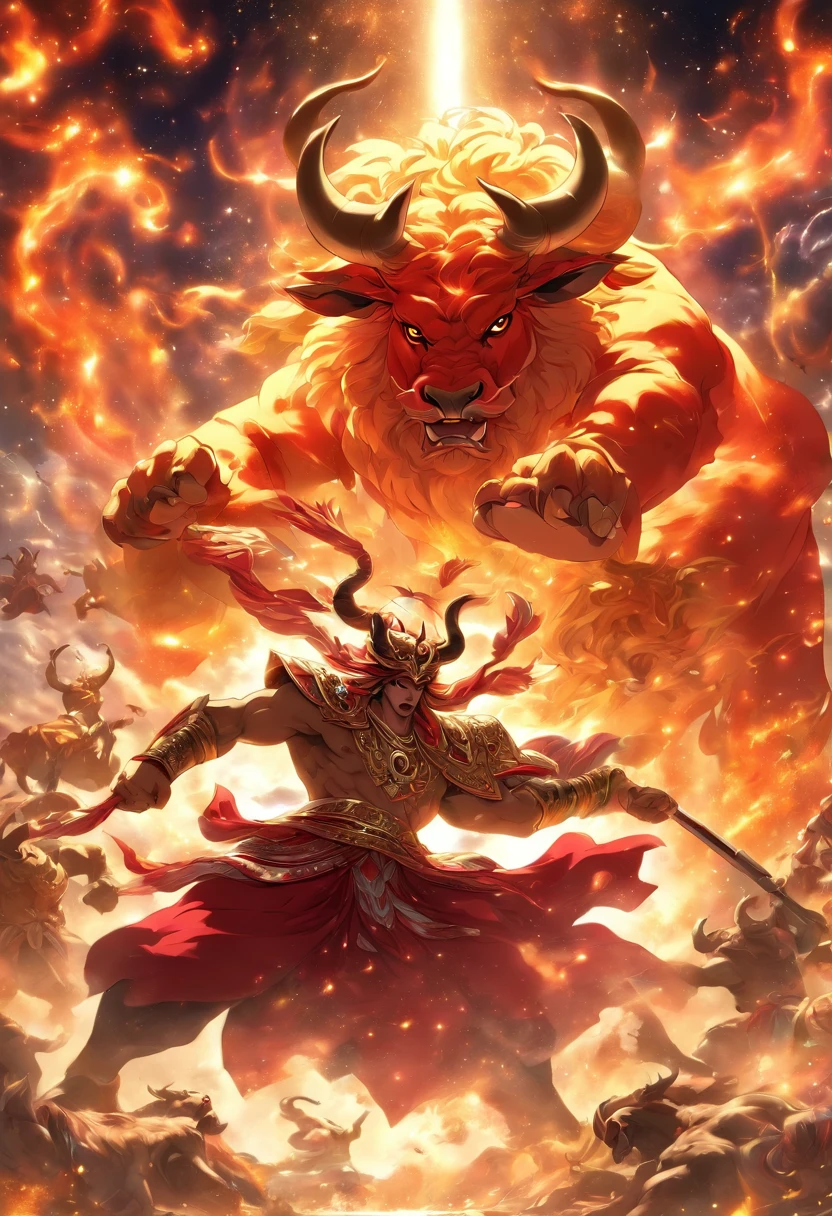 (((MITHRA fighting with Cosmic Bull))) best quality, ultra-high resolution, 4K detailed CG, masterpiece, Persian God, God of light,Bull God,Cosmic Bull Persian clothes, Persian mythology, aesthetics, (( Fighting the Bull)), Beautiful image, centered on the screen, full body