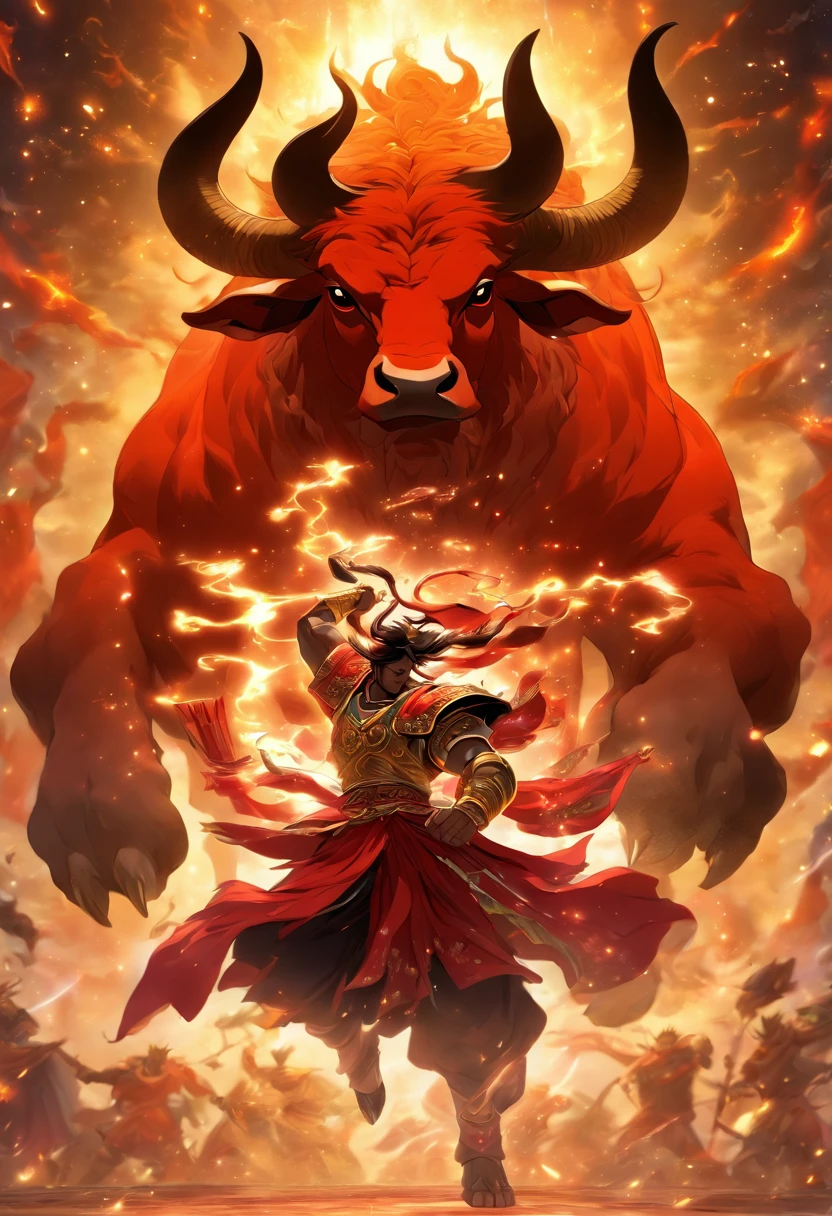 (((MITHRA fighting with Cosmic Bull))) best quality, ultra-high resolution, 4K detailed CG, masterpiece, Persian God, God of light,Bull God,Cosmic Bull Persian clothes, Persian mythology, aesthetics, (( Fighting the Bull)), Beautiful image, centered on the screen, full body