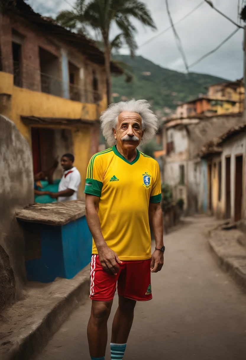 Albert Einstein wearing denim shorts and a Brazilian national team jersey with a favela in the background