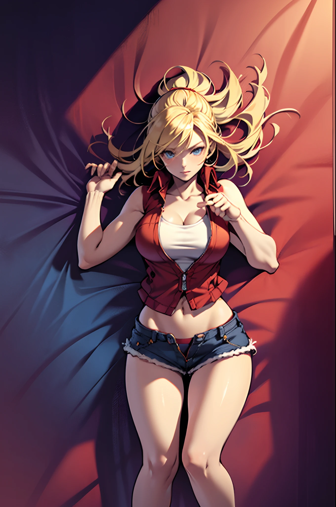 1 girl, terry bogard girl, blonde hair, blue eyes, short white blouse, red sleeveless jacket, denim shorts, no shoes, lying on a bed, arms and legs lying on the bed, Viewing the viewer,view from above, view from the ceiling, full body, detailed face, feminine fingers, perfect body, feminine ravens, beautifully detailed eyes