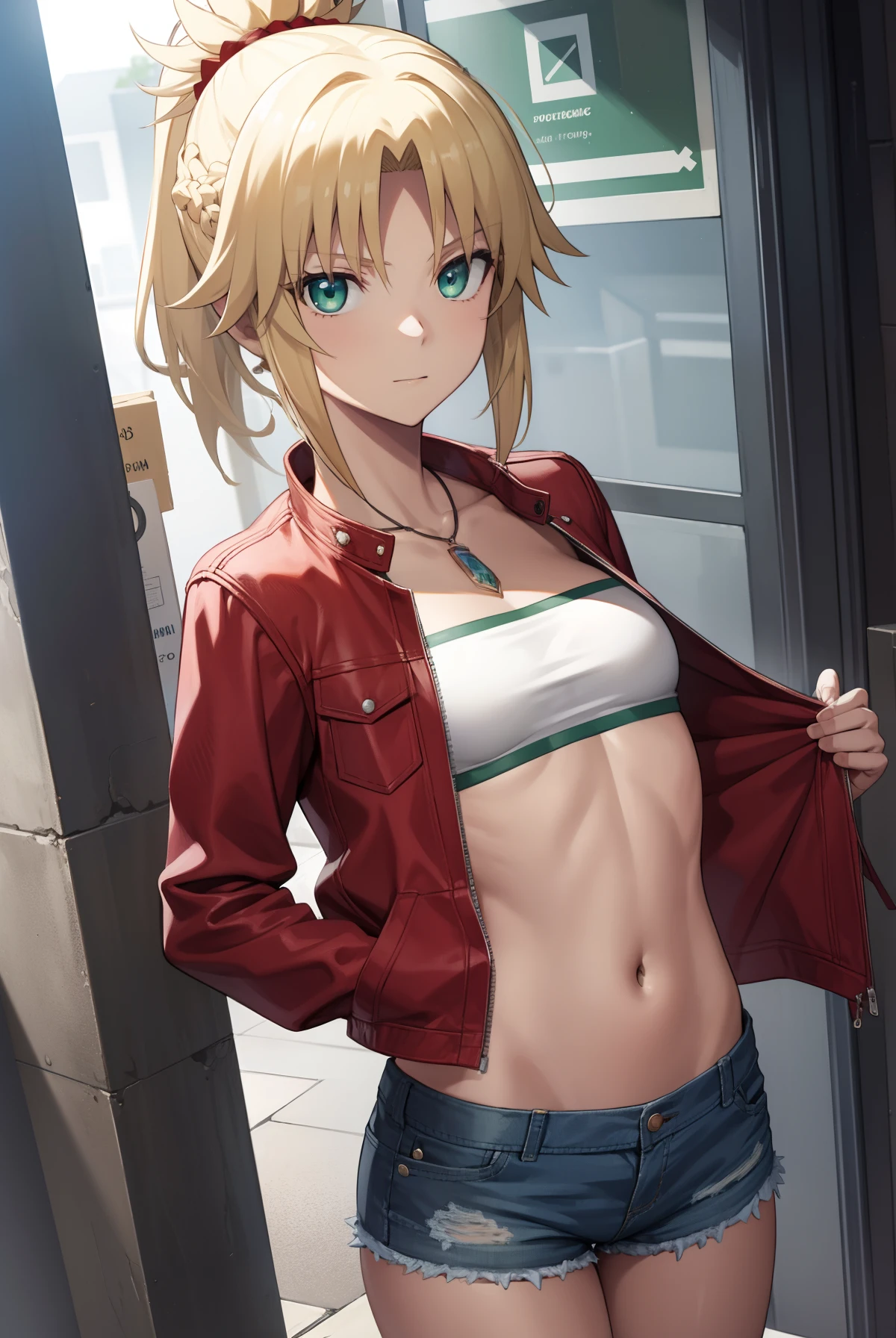 fgomordred, modred, (green eyes:1.5), blonde hair, ponytail, short hair, scrunchie, red scrunchie, hair scrunchie, (small breast:1.2),
BREAK blonde hair, denim, denim shorts, jacket, jewelry, midriff, navel, necklace, red jacket, short shorts, shorts, tube top, white top,
BREAK looking at viewer,
BREAK outdoors,
BREAK (masterpiece:1.2), best quality, high resolution, unity 8k wallpaper, (illustration:0.8), (beautiful detailed eyes:1.6), extremely detailed face, perfect lighting, extremely detailed CG, (perfect hands, perfect anatomy),