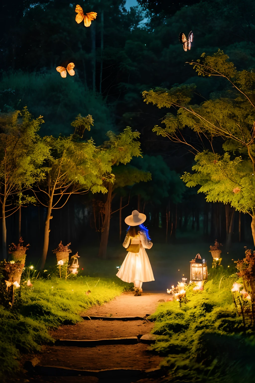 Write a vivid description of a cute girl's enchanting journey as she walks through a moonlit forest, her lantern casting a warm glow, while colorful butterflies gracefully flutter around her, creating a mesmerizing spectacle."