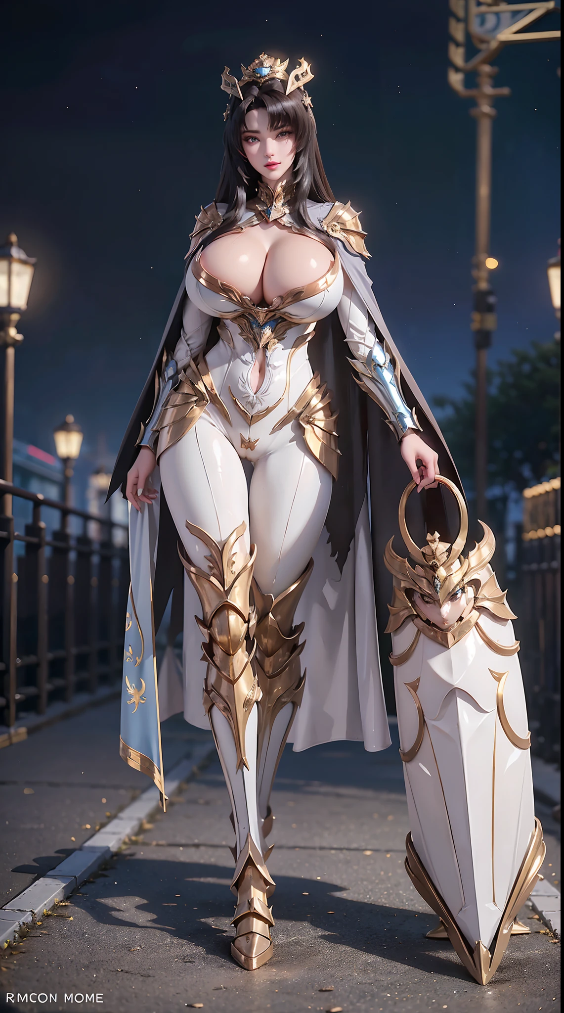 1GIRL, SOLO, (dark hair, hair gold ornament), (HUGE FAKE BOOBS:1.3), (white, sea blue, gold, FUTURISTIC DRAGON MECHA ARMOR SUIT, ROYAL CAPE, CLEAVAGE:1.5), (SKINTIGHT YOGA PANTS, HIGH HEELS:1.2), (NSFW GLAMOROUS BODY, SEXY LONG LEGS, FULL BODY:1.3), (FROM FRONT, LOOKING AT VIEWER:1), (WALKING DOWN ON STREET NIGHT CITY:1.3), PHYSICALLY-BASED RENDERING, ULTRA HIGHT DEFINITION, 8K, 1080P.