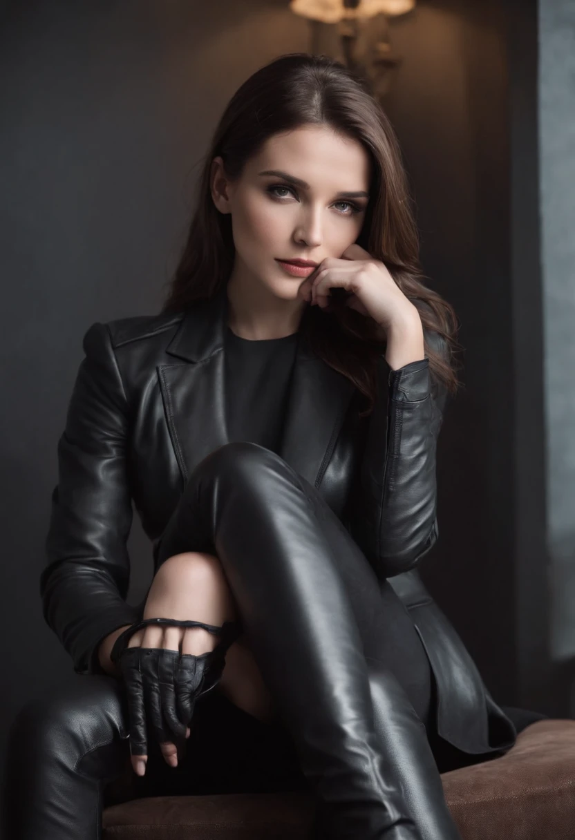 Black leather gloves with five fingers in both hands, black leather tight skirt, black leather blazer, black leather long boots, sit with sexy legs aligned in a luxurious leather chair, both hands of leather gloves are aligned on the knees, hair tied behind her, a mysterious Gothic woman with heavy makeup