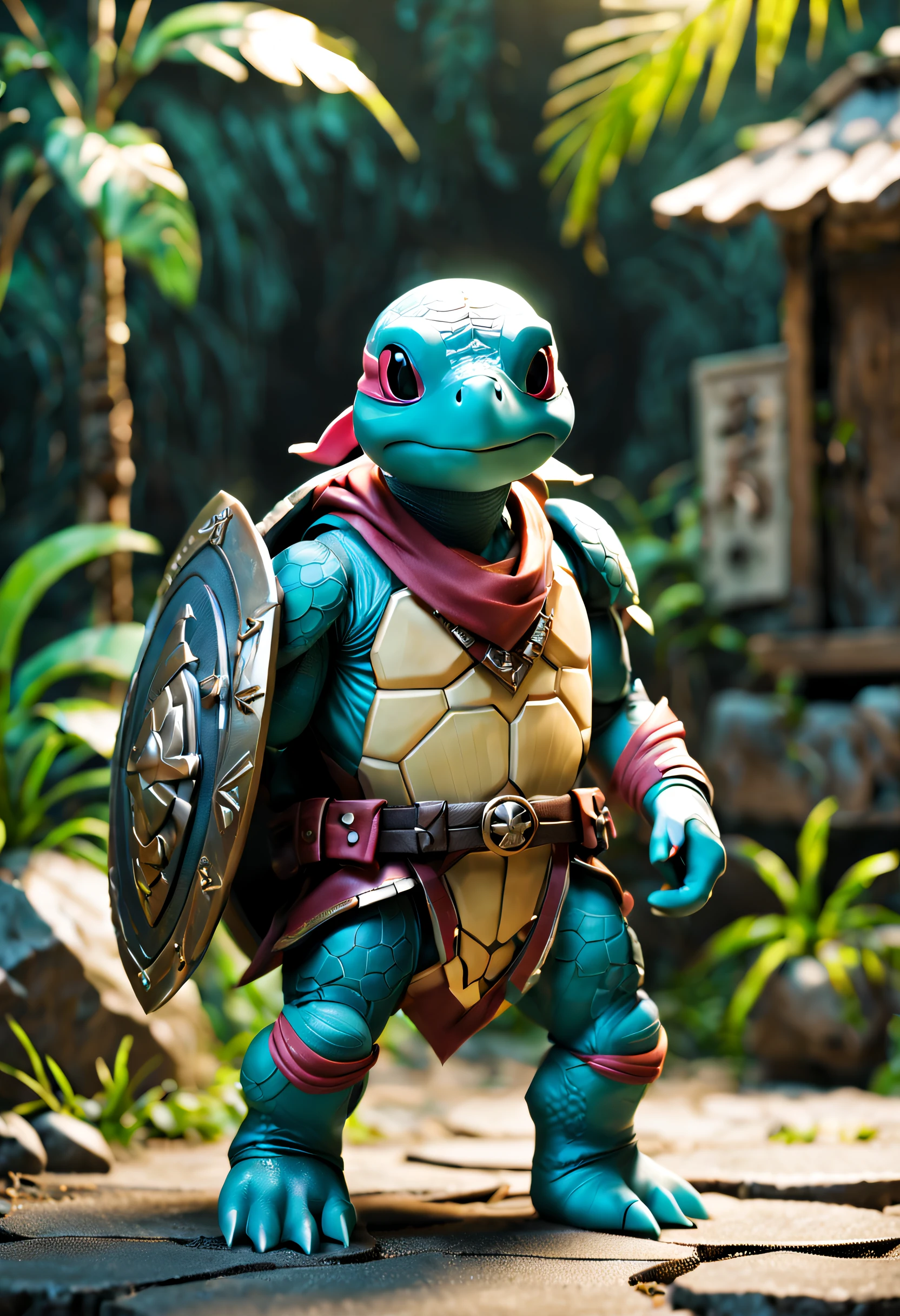 full body Esbian、Cool turtle、Pop Turtle、diorama、symple background、White background、bandana、Hold the shield with both hands、masterpiece, Best Quality, Capture super cute moments, depth of fields, ultra-detailliert, Ultra High Resolution, Octadale, 8K, 16 K