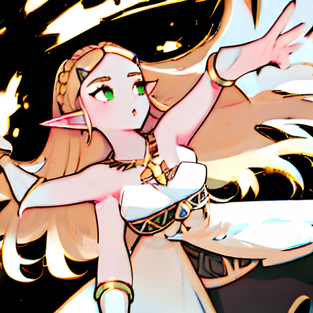 princess zelda, the legend of zelda, the legend of zelda: breath of the wild, highres, 1girl, bangs, bare shoulders, black background, bracer, breasts, cowboy shot, dress, gold necklace, green eyes, jewelry, long dress, long hair, looking up, medium breasts, necklace, parted bangs, parted lips, pointy ears, sidelocks , solo, strapless, strapless dress, thick eyebrows, triforce, white dress
