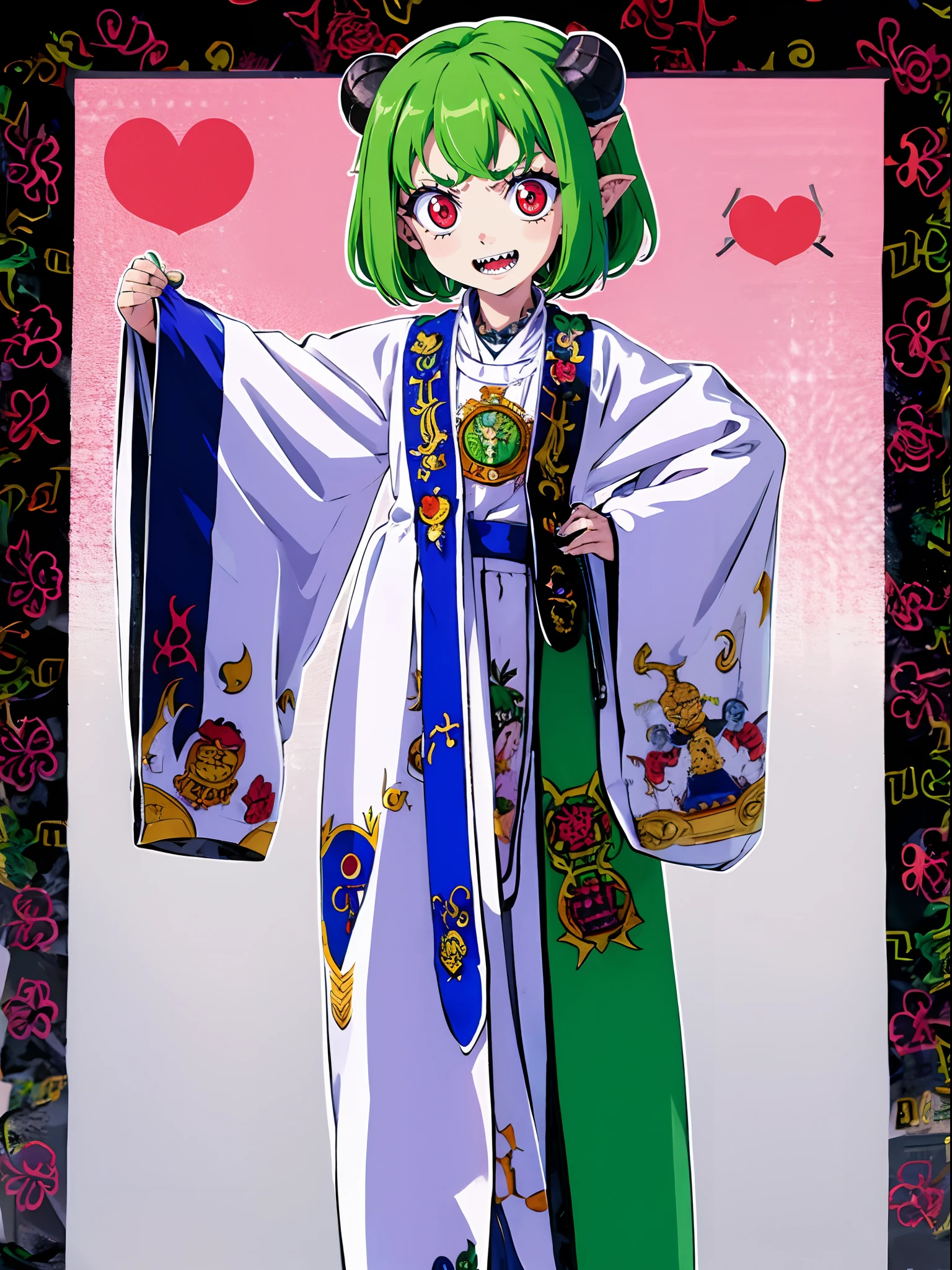 loli, green hair, red eyes, white robe, hornes, sharpteeth, standing solo focus, white robe,demongirl, pants, long skirt, short hair, flatchest, Daoist_Robe, demon hornes, long horns, smile, happy, hand, walking