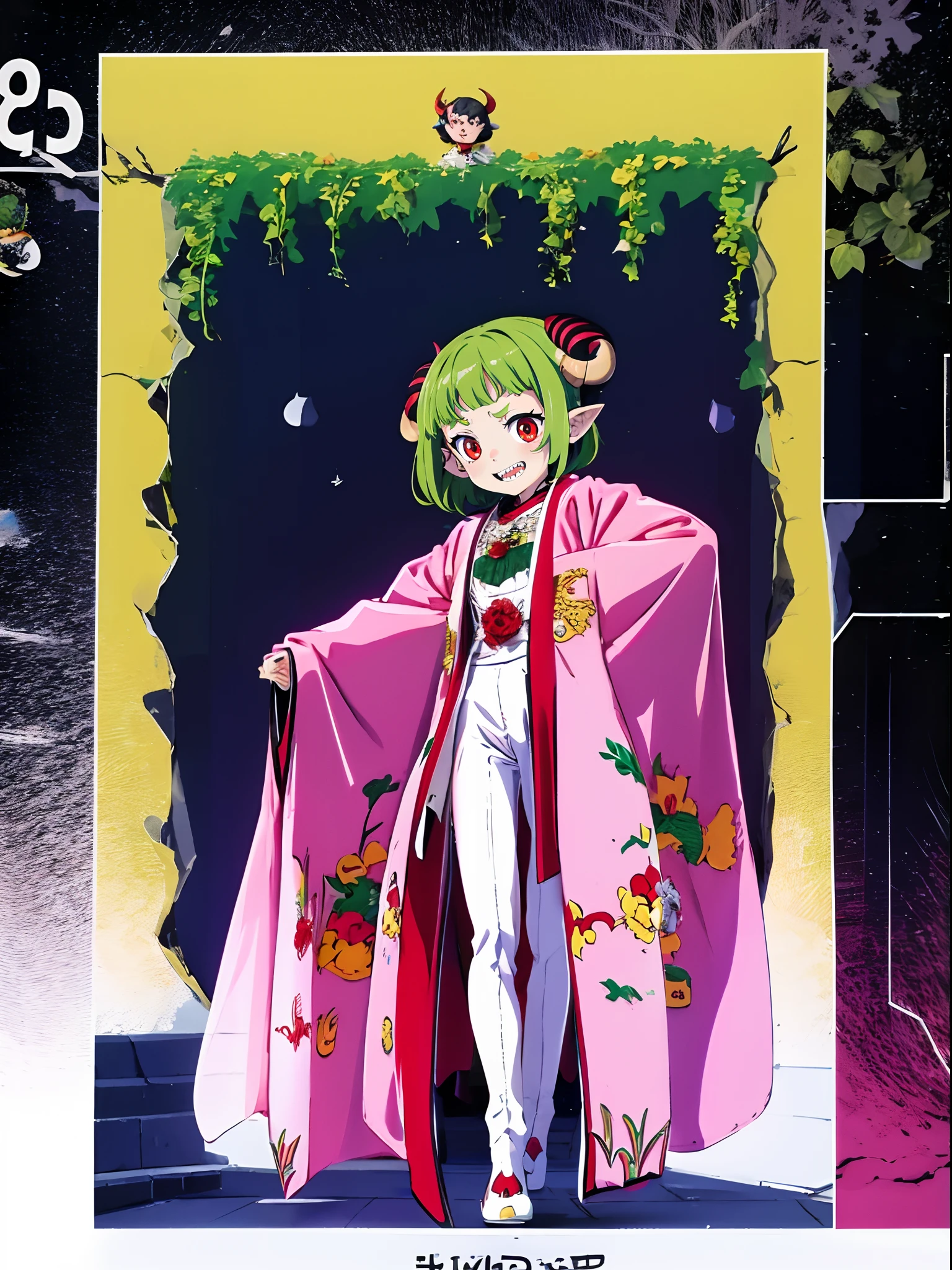 ****, green hair, red eyes, white robe, hornes, sharpteeth, standing solo focus, white robe,demongirl, pants, long skirt, short hair, flatchest, Daoist_Robe, demon hornes, long horns, smile, happy, hand, walking