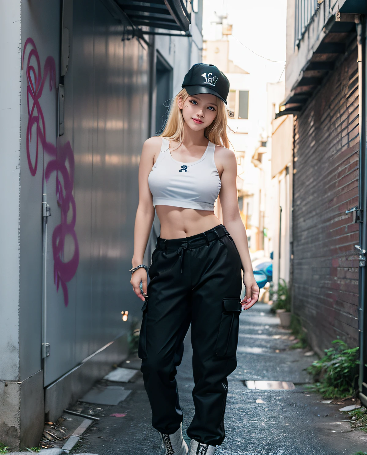 1girl, Blue eyes, (smiling), (Sana Minatozaki), wide hips, Big Boobs, big ass, (Best Quality, 8k, Masterpiece: 1.3), perfect hands, Clear Focus: 1.2, Perfect Body Beauty: 1.4 , Slender Abs: 1.2, Highly detailed face and skin texture, detailed eyes, double eyelids, (blonde long hair), (white tanktop), (black cargo pants), (combat boots), (black sport cap), standing, dynamic pose, In an alley lit by neon lights, graffiti on the wall, deep on field