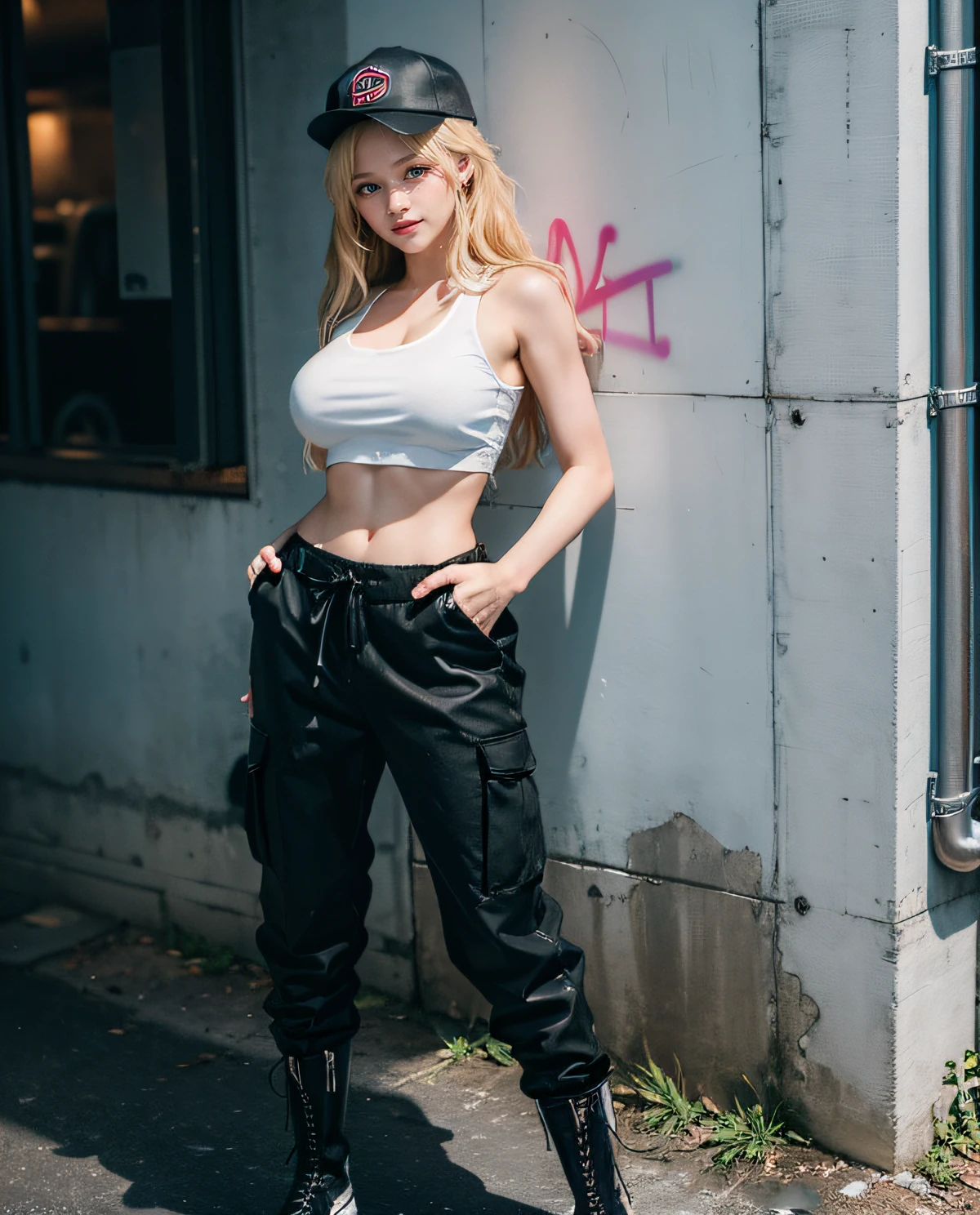 1girl, Blue eyes, (smiling), (Sana Minatozaki), wide hips, Big Boobs, big ass, (Best Quality, 8k, Masterpiece: 1.3), perfect hands, Clear Focus: 1.2, Perfect Body Beauty: 1.4 , Slender Abs: 1.2, Highly detailed face and skin texture, detailed eyes, double eyelids, (blonde long hair), (white tanktop), (black cargo pants), (combat boots), (black sport cap), standing, dynamic pose, In an alley lit by neon lights, graffiti on the wall, deep on field