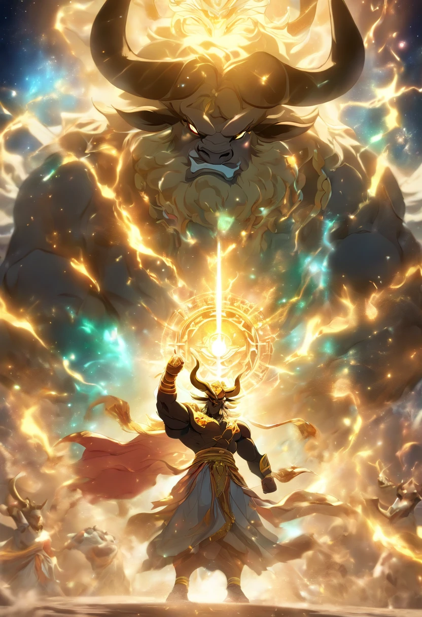 (((God of light vs. Cosmic Bull))) best quality, ultra-high resolution, 4K detailed CG, masterpiece, Persian God, God of light,God Bull,Cosmic Bull Persian clothing, Persian mythology, aesthetics, ( (Fighting the Bull)), Beautiful image, centered on screen, full body