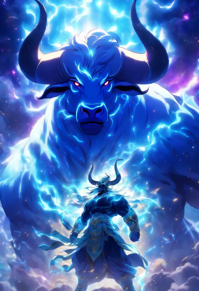 (((God of light vs. Cosmic Bull))) best quality, ultra-high resolution, 4K detailed CG, masterpiece, Persian God, God of light,God Bull,Cosmic Bull Persian clothing, Persian mythology, aesthetics, ( (Fighting the Bull)), Beautiful image, centered on screen, full body